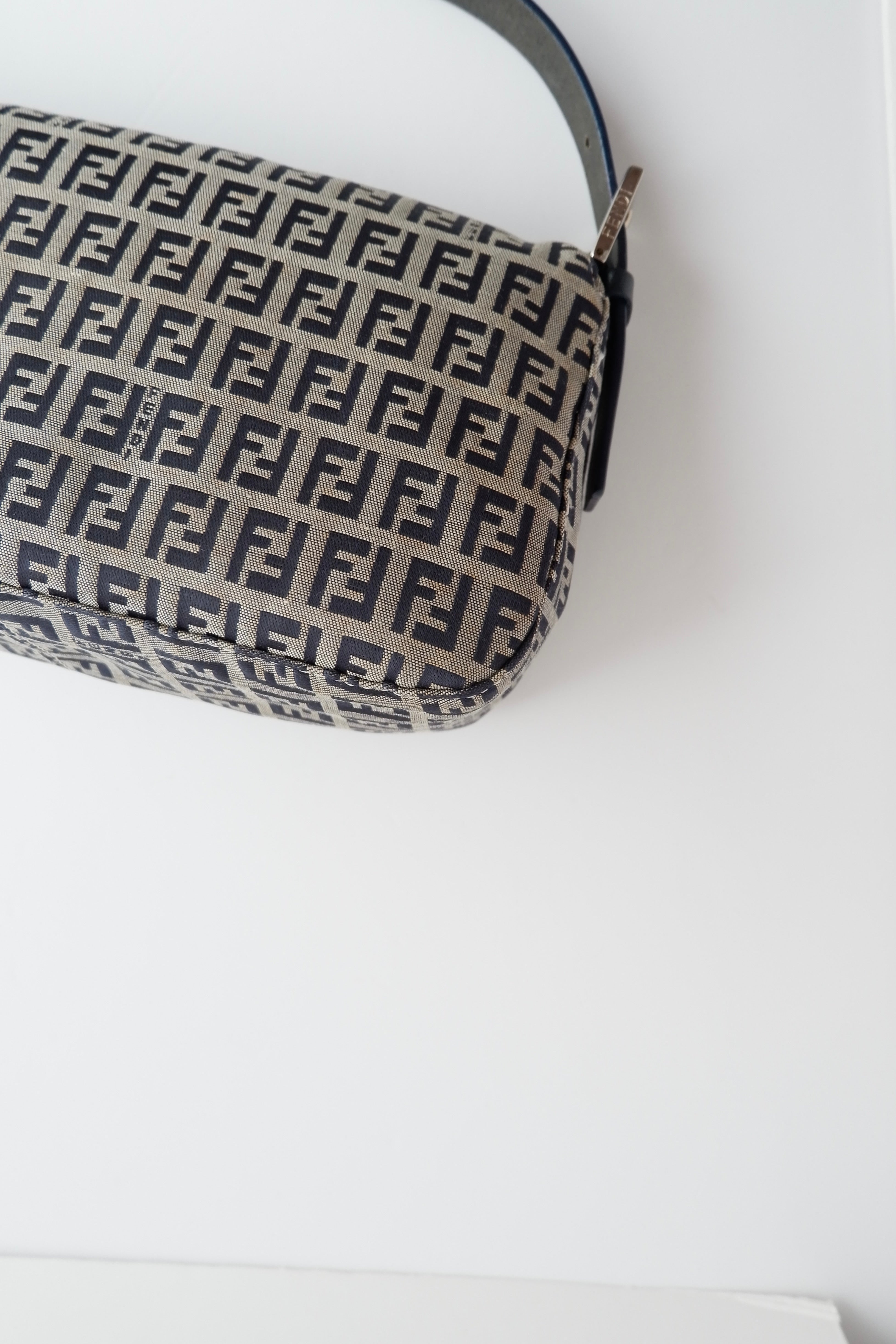 Authentic Preowned Fendi Navy Zucchino Baguette Shoulder