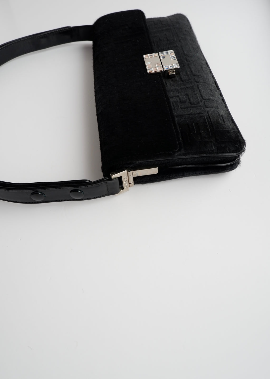 Authentic Preowned Rare Vintage Fendi Black Zucca Pony Hair/ Crystal Logo Shoulder Bag