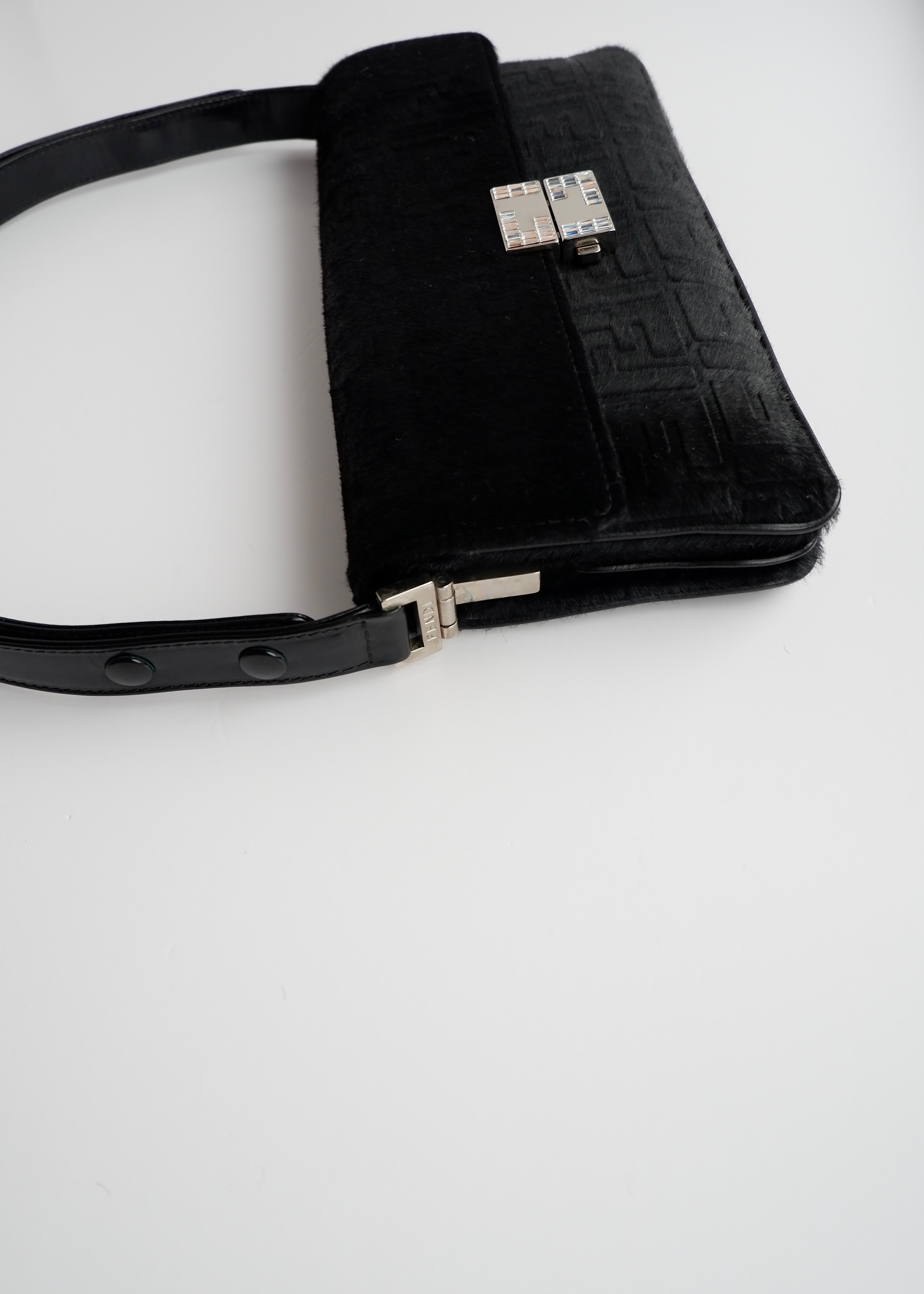 Authentic Preowned Rare Vintage Fendi Black Zucca Pony Hair/ Crystal Logo Shoulder Bag