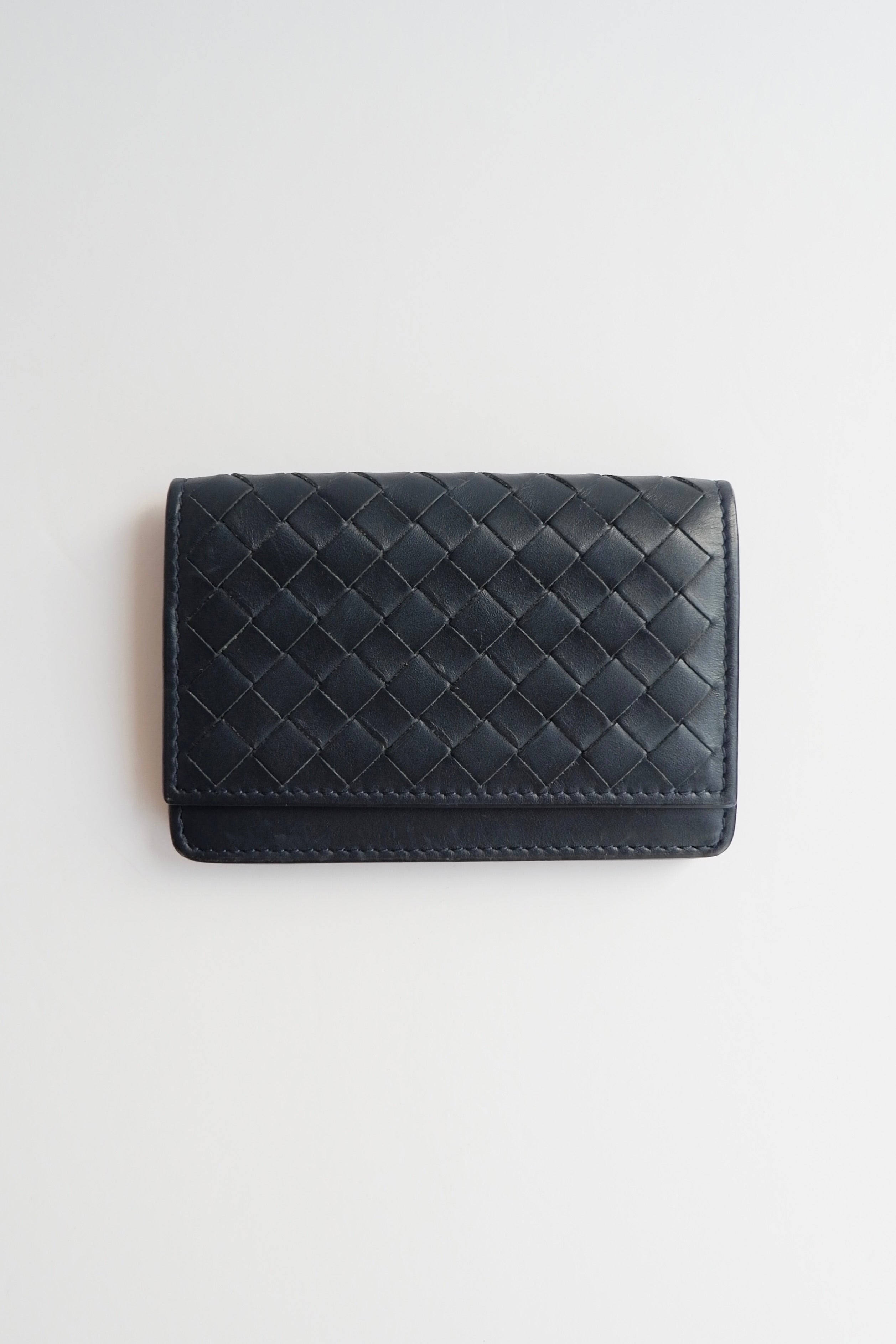 Preowned Bottega Veneta Navy Woven Leather Card Holder