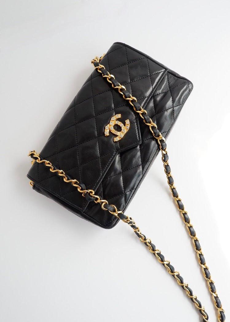 Authentic Preowned Vintage Chanel Black Lambskin Quilted Single Flap Crystal CC Logo Bag GHW