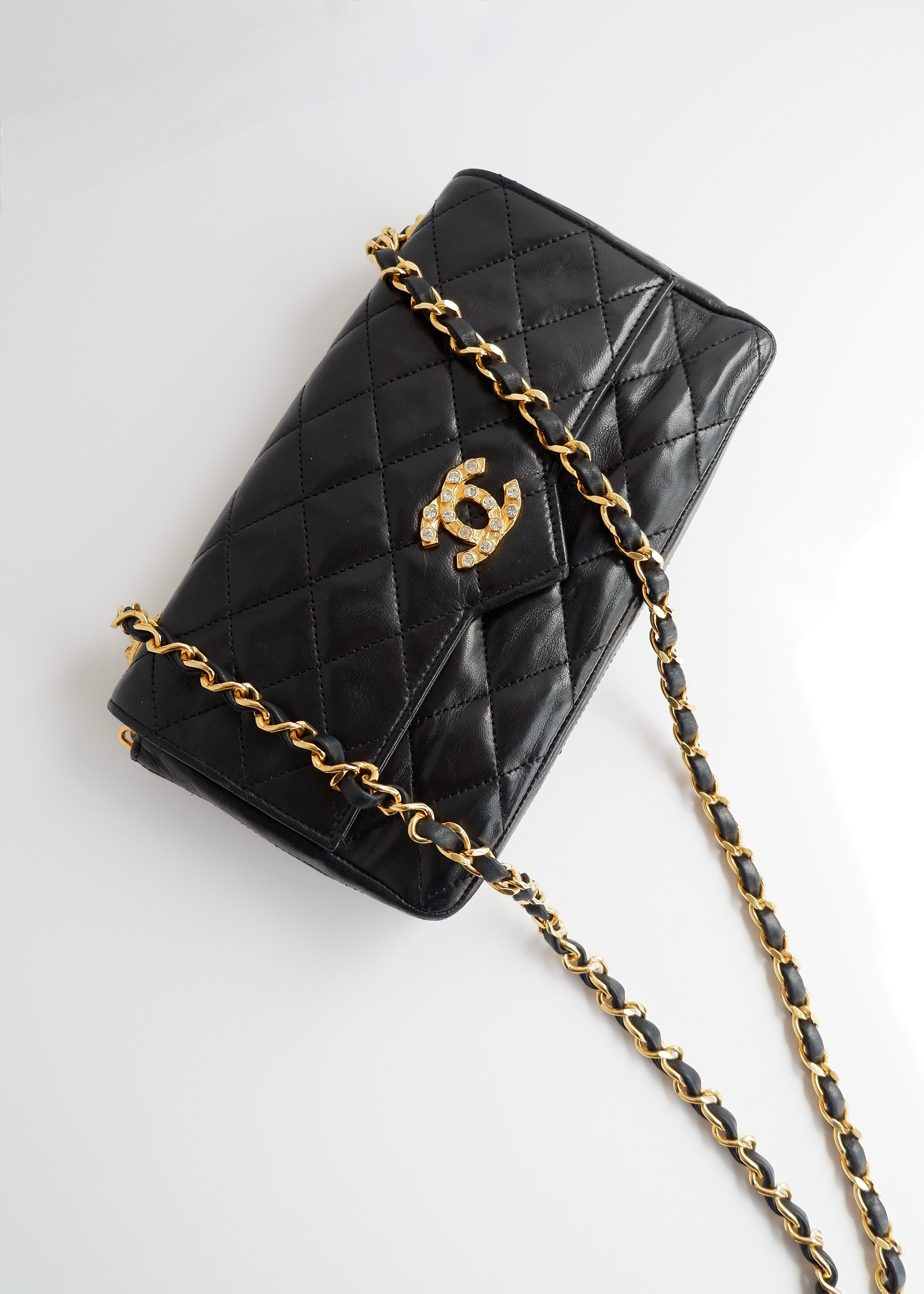 Authentic Preowned Vintage Chanel Black Lambskin Quilted Single Flap Crystal CC Logo Bag GHW