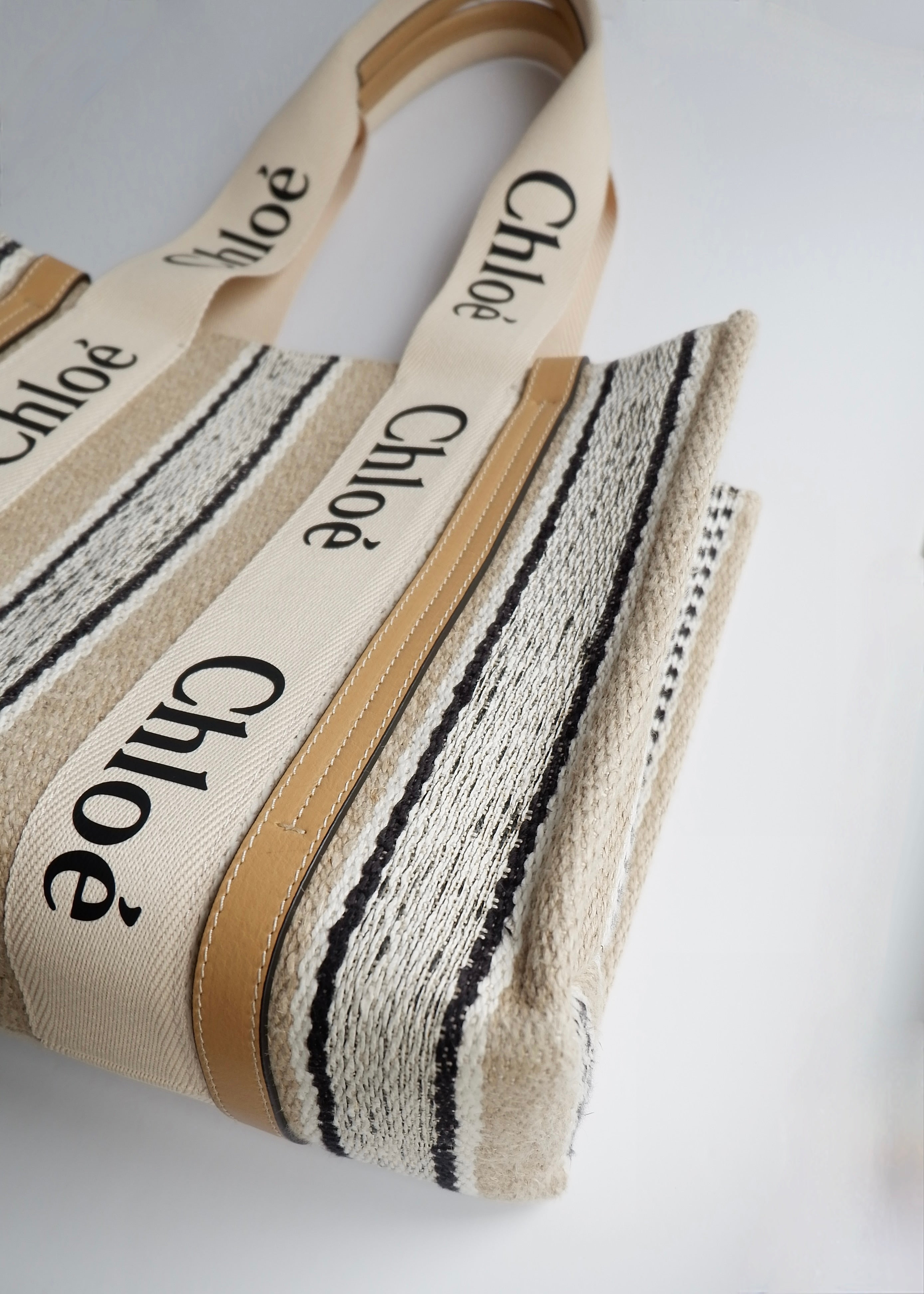Authentic Preowned Chloe Beige/Black Striped Canvas Medium Woody Tote Bag