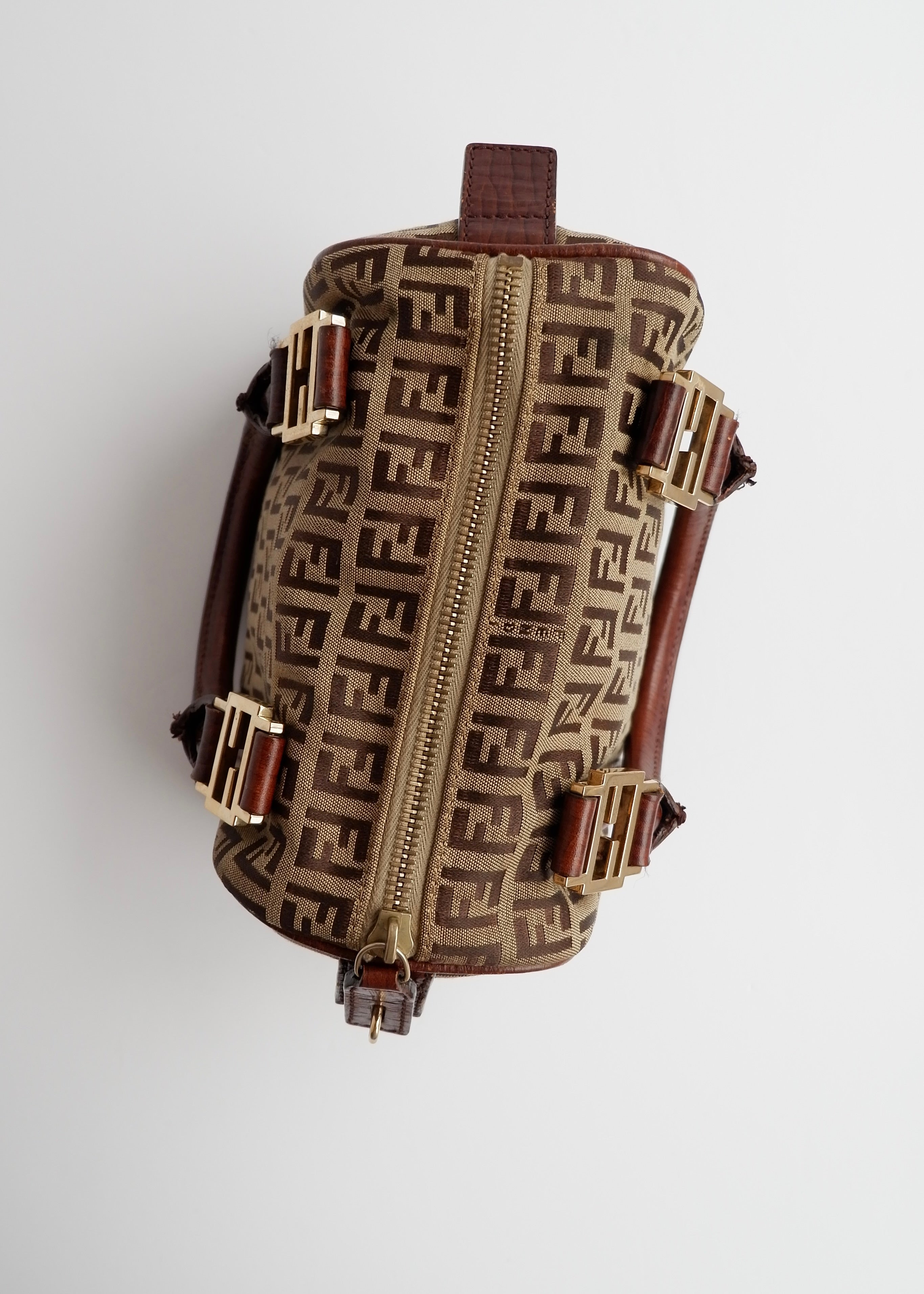 Authentique Sac Boston Fendi Zucchino Toile Marron Petit Forever Bauletto d'occasion