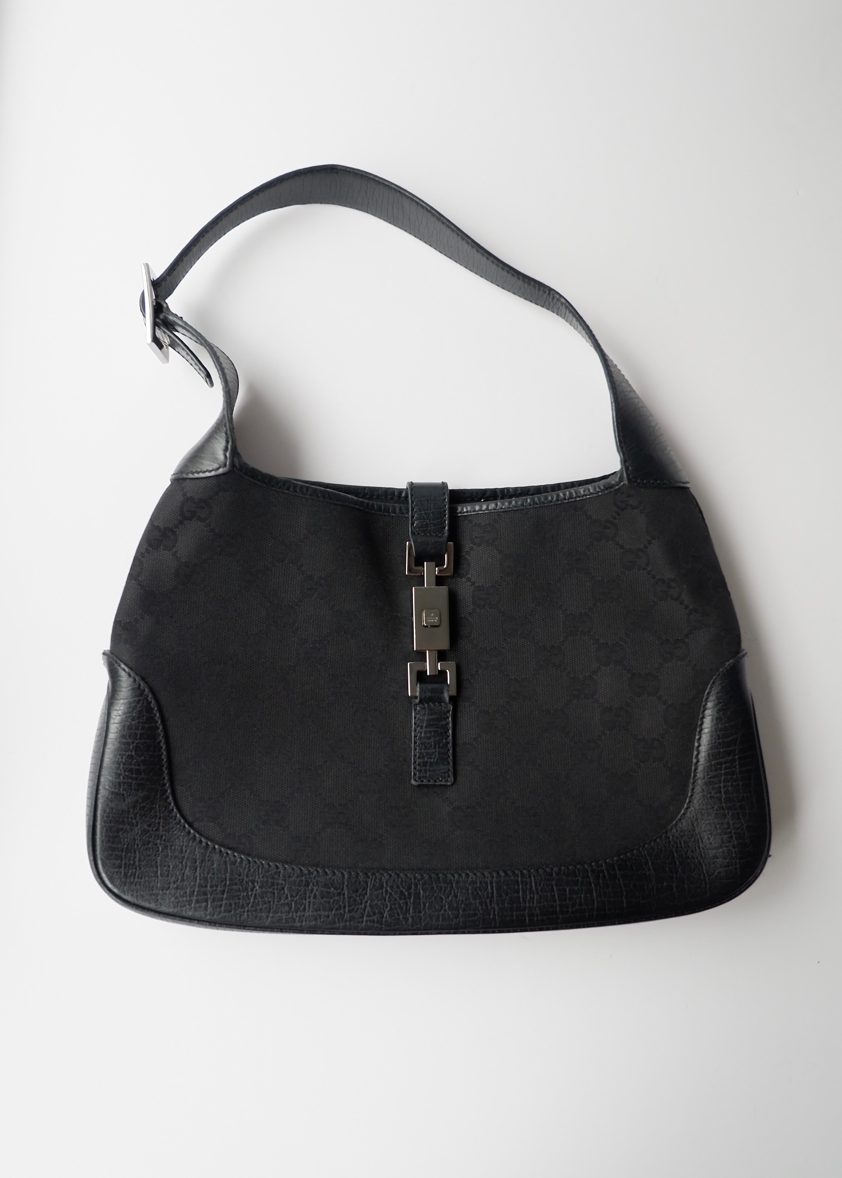 Preowned Gucci Black GG Canvas/ Leather Jackie Shoulder Bag