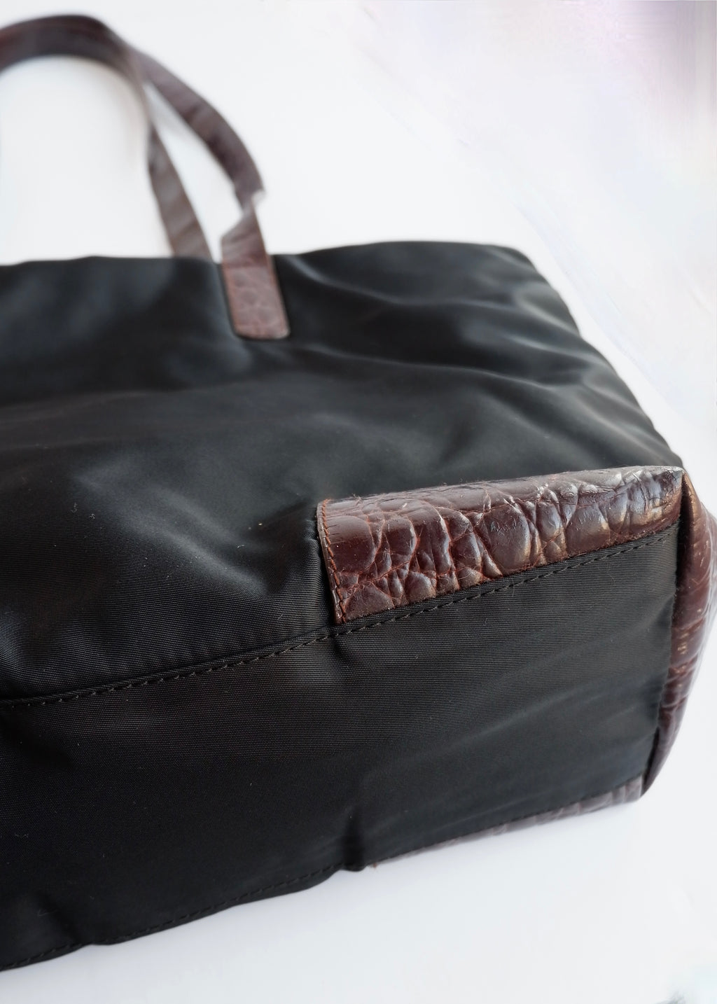 Authentic Preowned Prada Black/ Burgundy Nylon/Patent Leather Long Strap Tote Bag