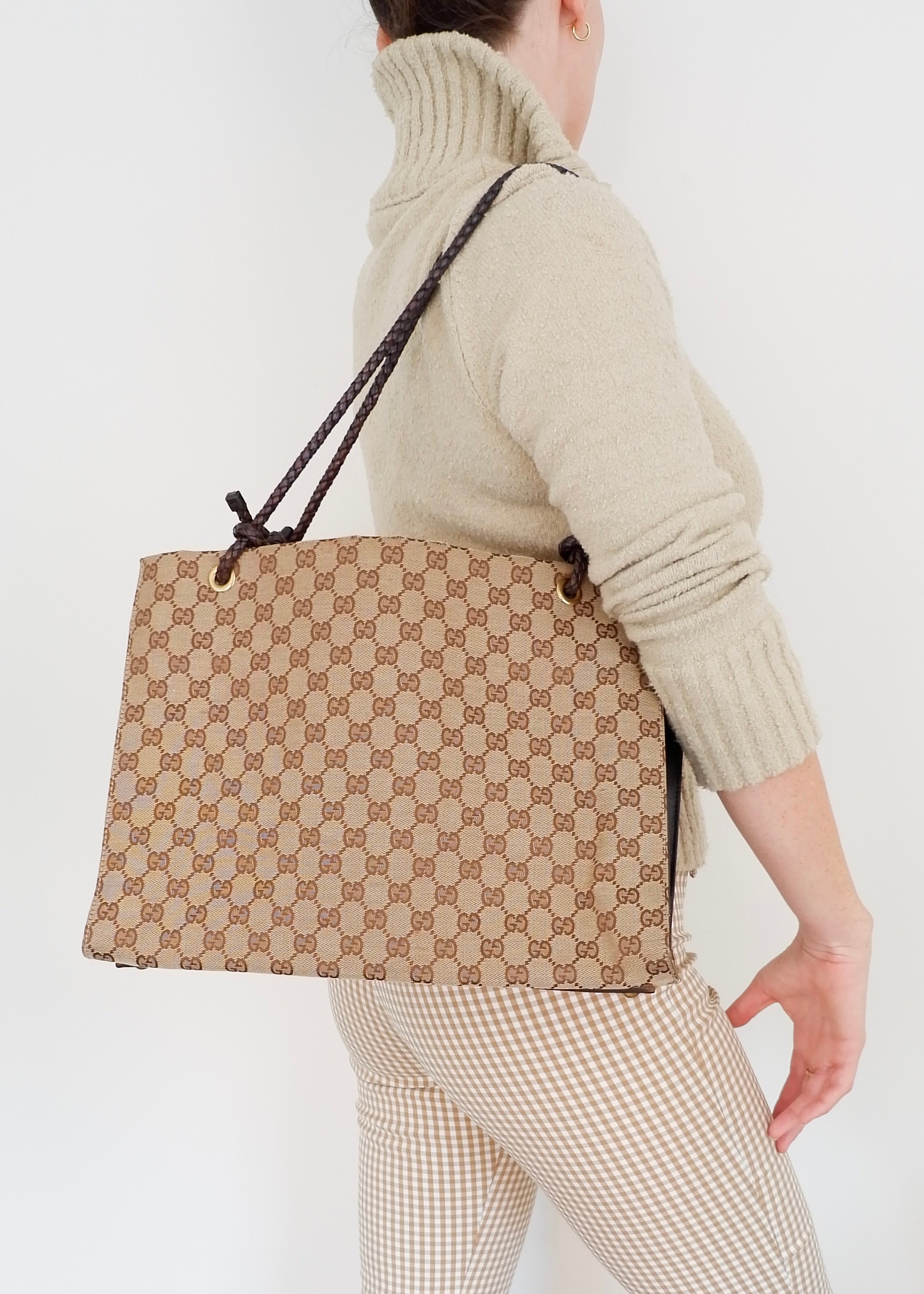 Sac fourre-tout Gucci d'occasion authentique en toile GG marron avec anse en cuir tressé