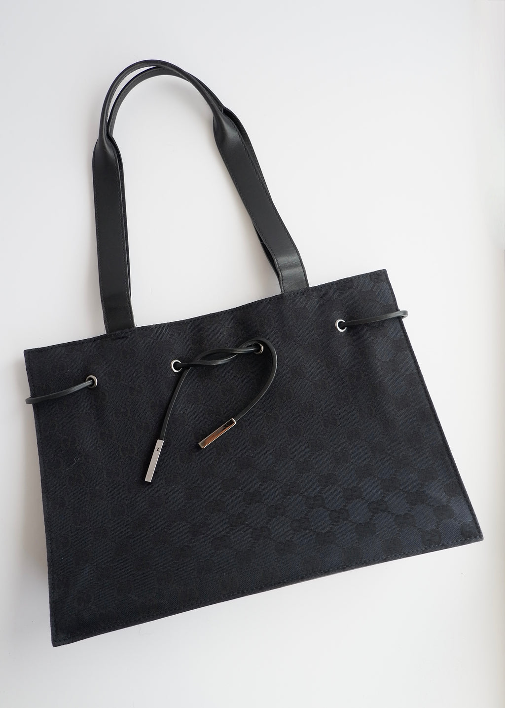 Authentic Preowned Vintage Gucci Black GG Canvas Drawstring Shoulder Bag