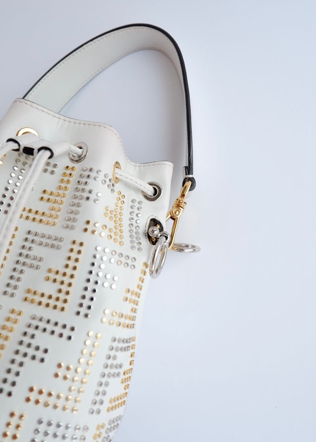 Authentic Preowned Fendi White Leather Zucca Studded Drawstring Bucket Bag