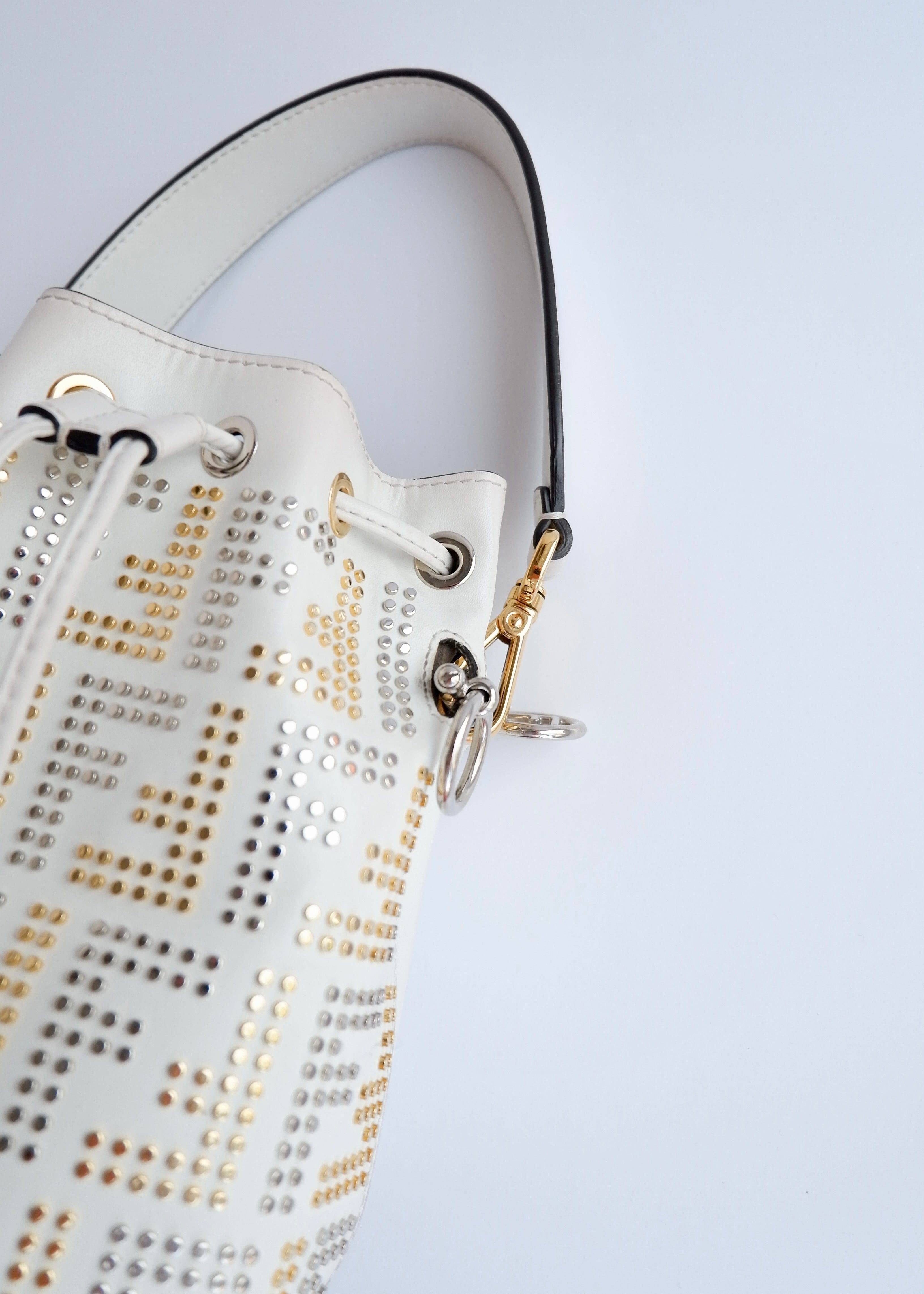 Authentic Preowned Fendi White Leather Zucca Studded Drawstring Bucket Bag