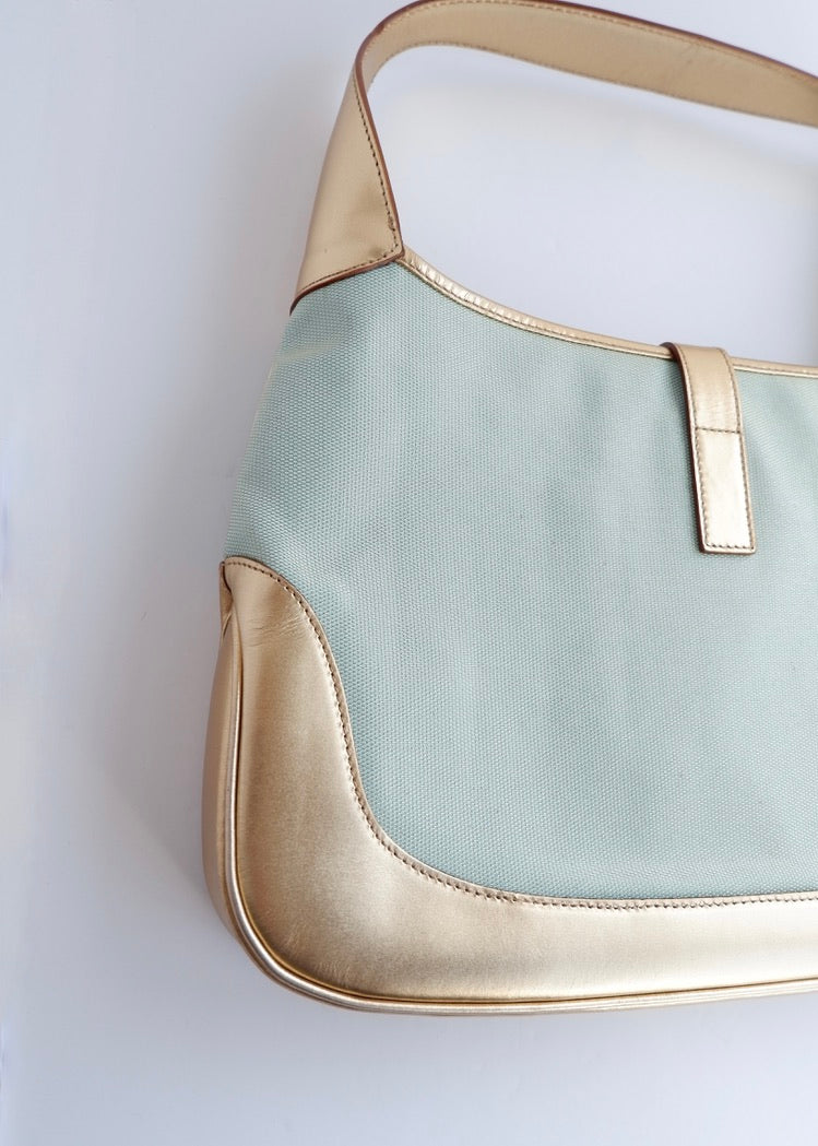 Authentique sac à bandoulière Gucci Jackie bleu/doré d'occasion