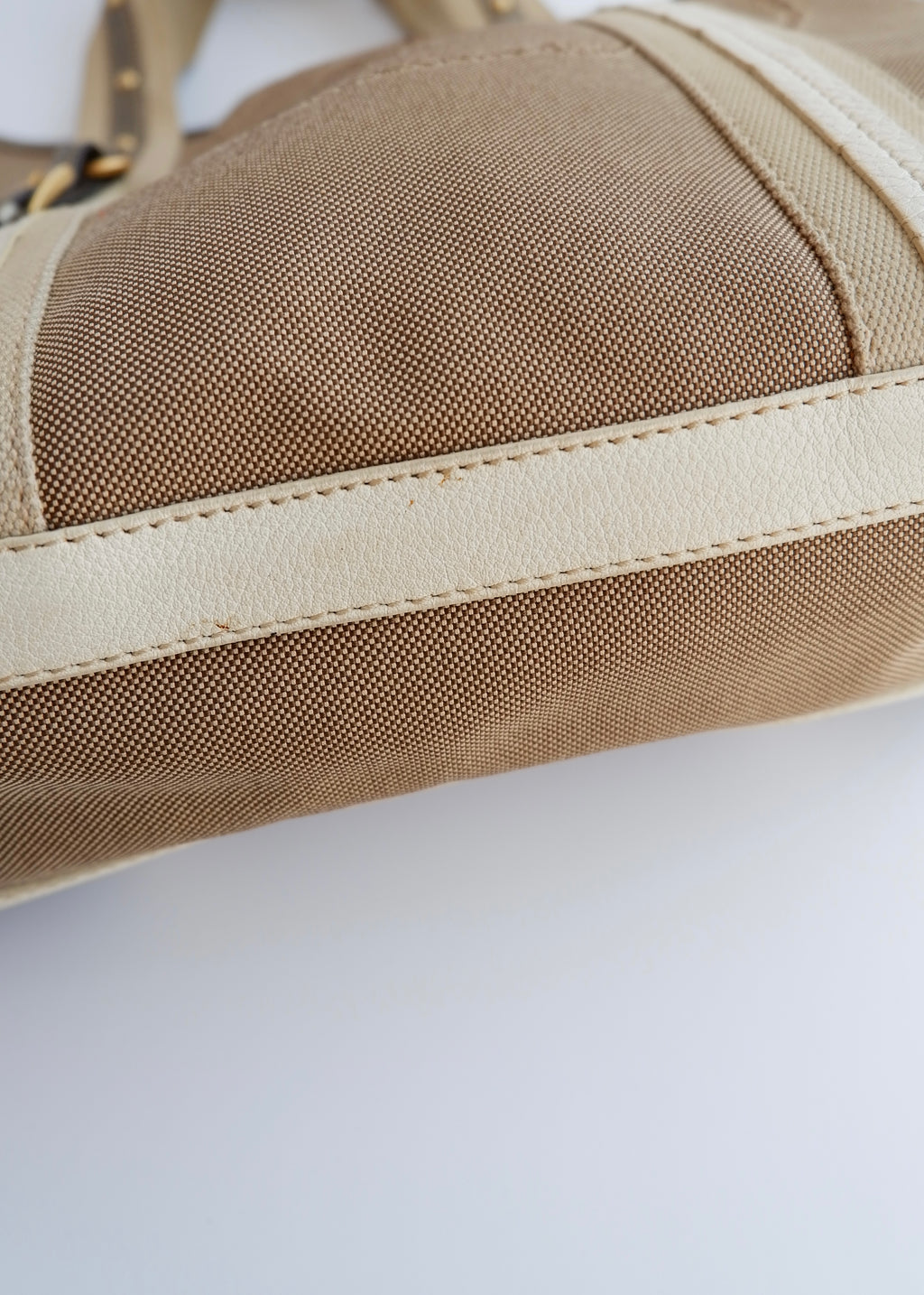 Authentique Sac à Main Prada Bicolore Beige/Doré en Toile et Cuir d'Occasion