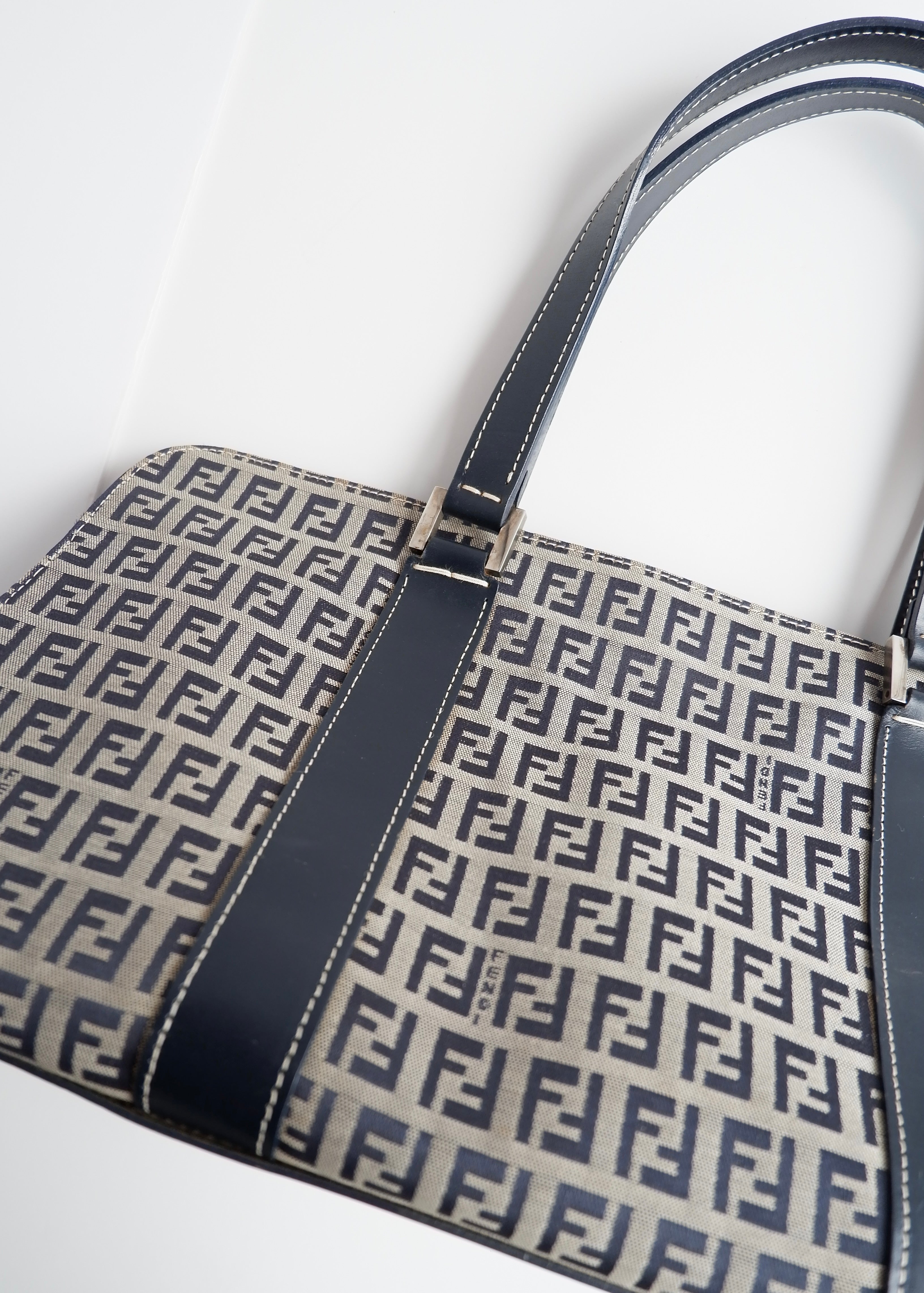 Authentic Preowned Vintage Fendi Navy Zucchino East West Shoulder Bag