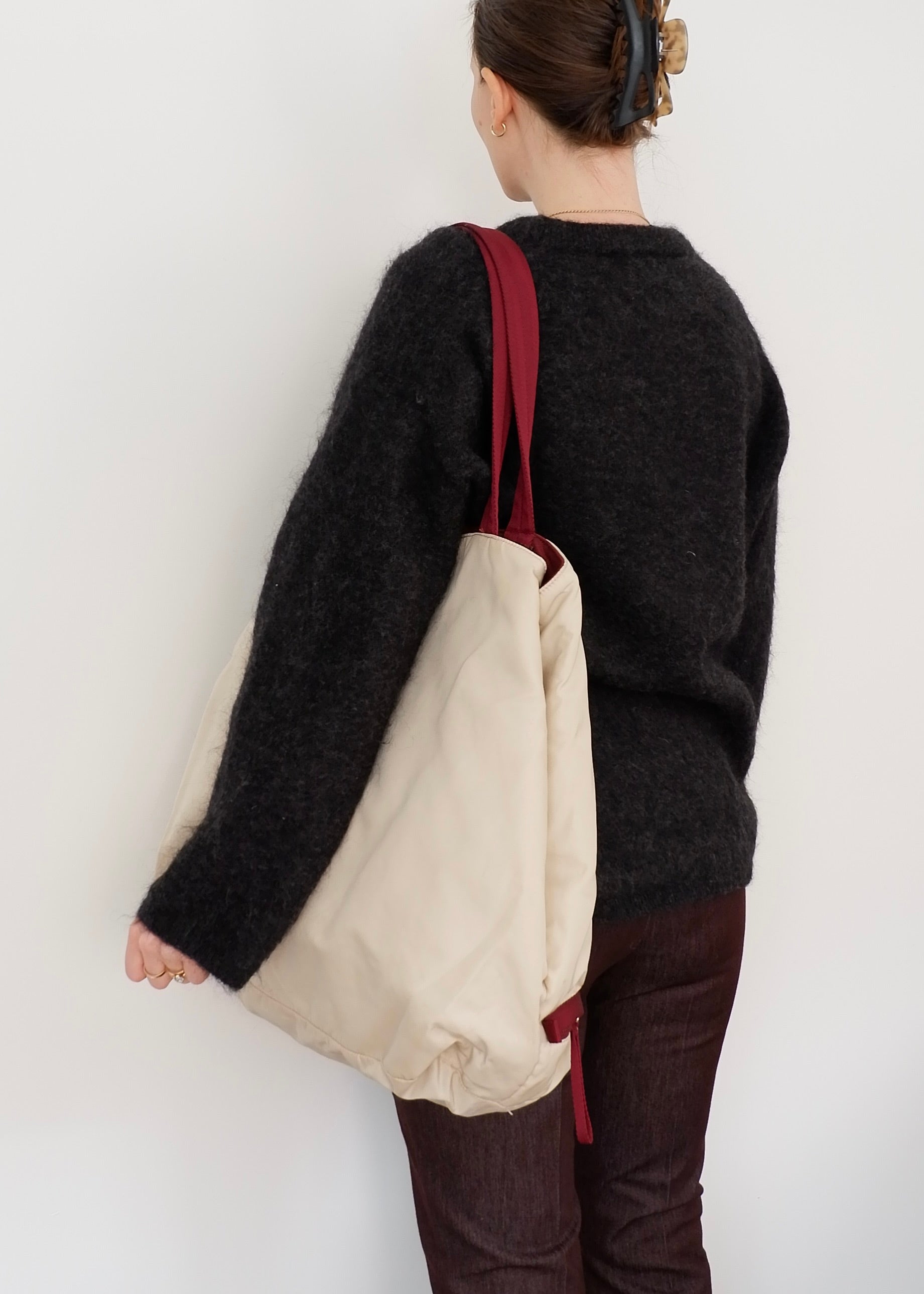 Authentic Preowned Prada Beige/ Burgundy Nylon Oversized Tote Bag