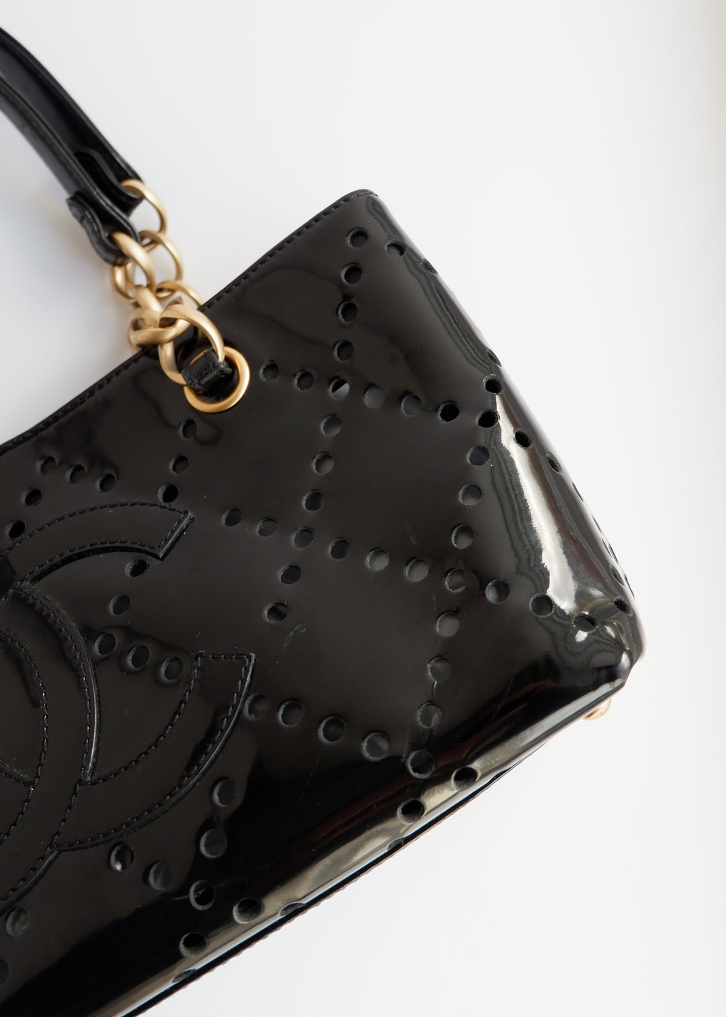 Authentic Preowned Chanel Black Patent Perforated Leather CC Logo Shoulder Bag