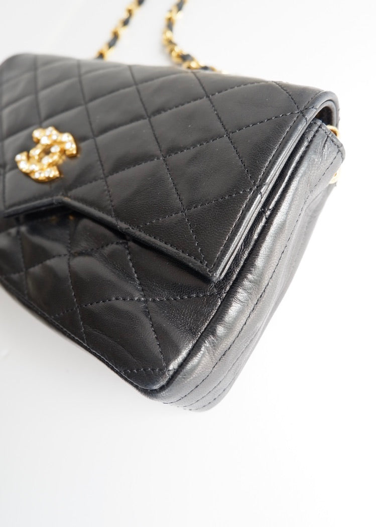 Authentic Preowned Vintage Chanel Black Lambskin Quilted Single Flap Crystal CC Logo Bag GHW