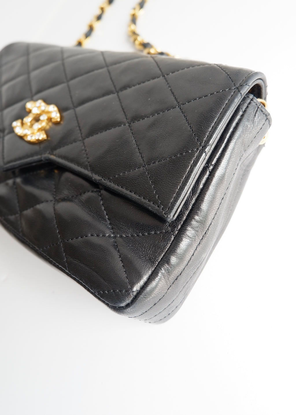 Authentic Preowned Vintage Chanel Black Lambskin Quilted Single Flap Crystal CC Logo Bag GHW