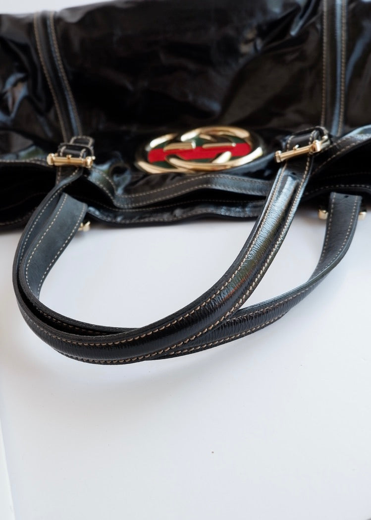 Preowned Gucci Black Dialux/ Patent Leather Britt Shoulder Tote