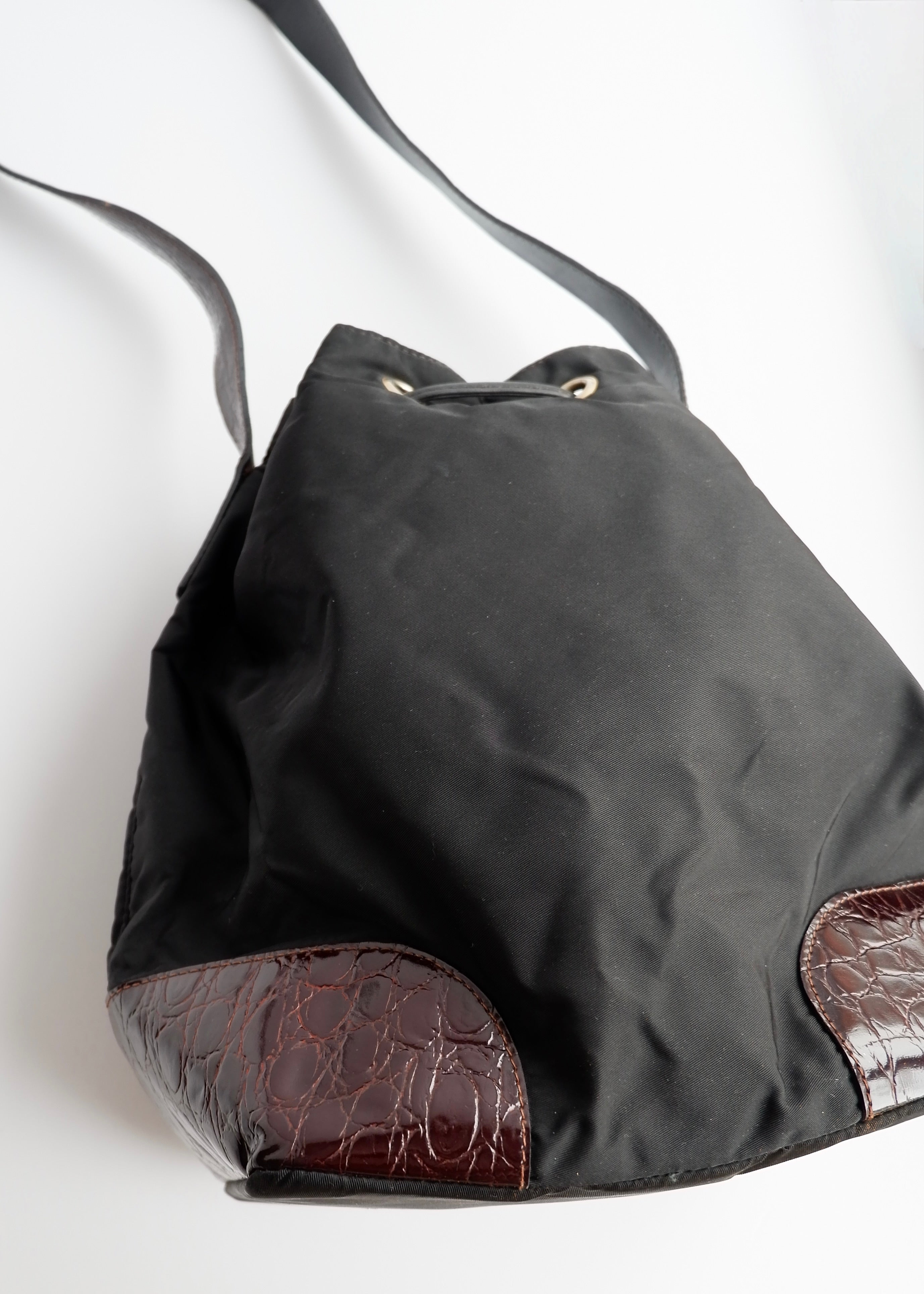 Authentic Preowned Prada Black/Brown Nylon/Leather Bucket Shoulder Bag
