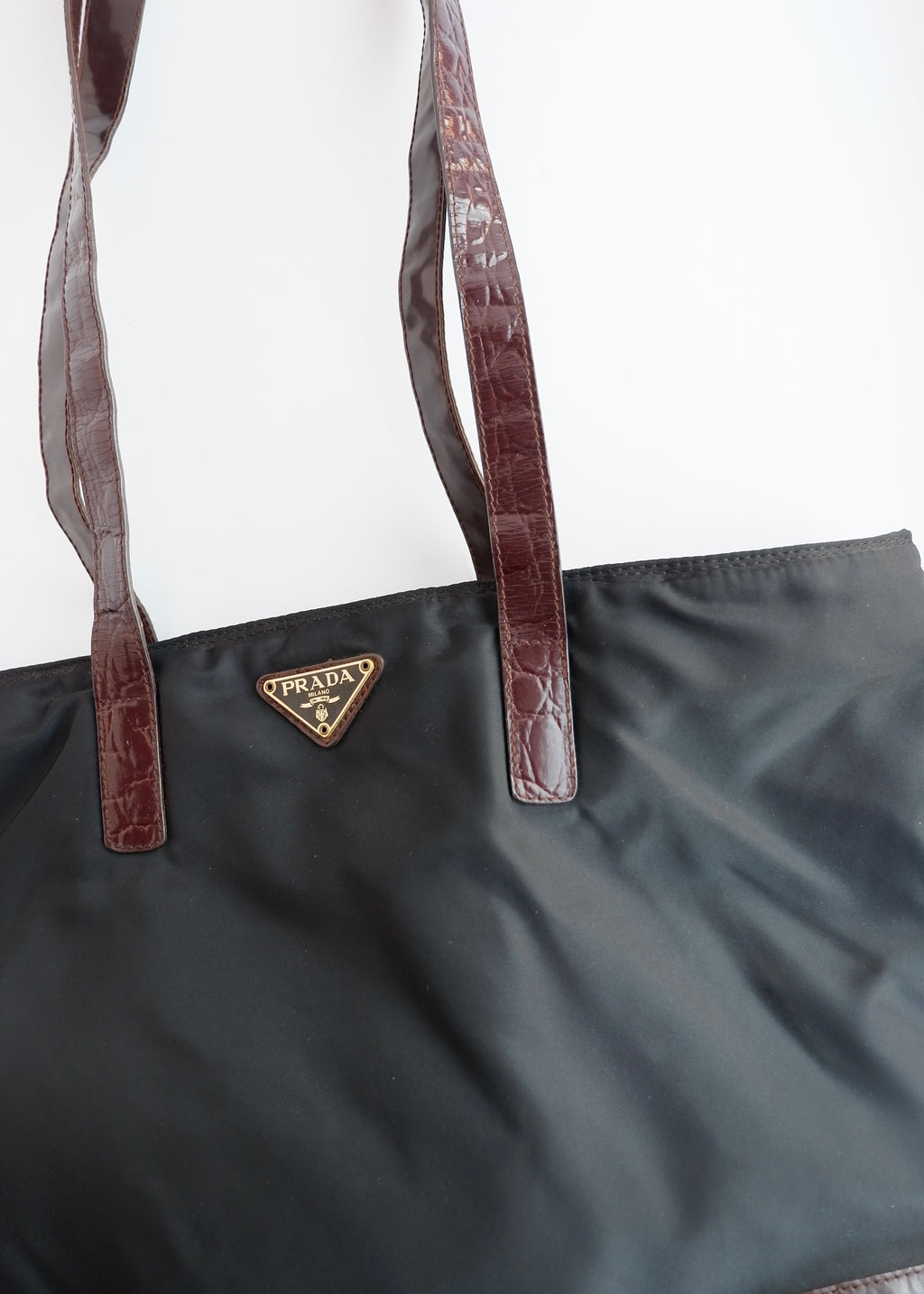 Authentic Preowned Prada Black/ Burgundy Nylon/Patent Leather Long Strap Tote Bag