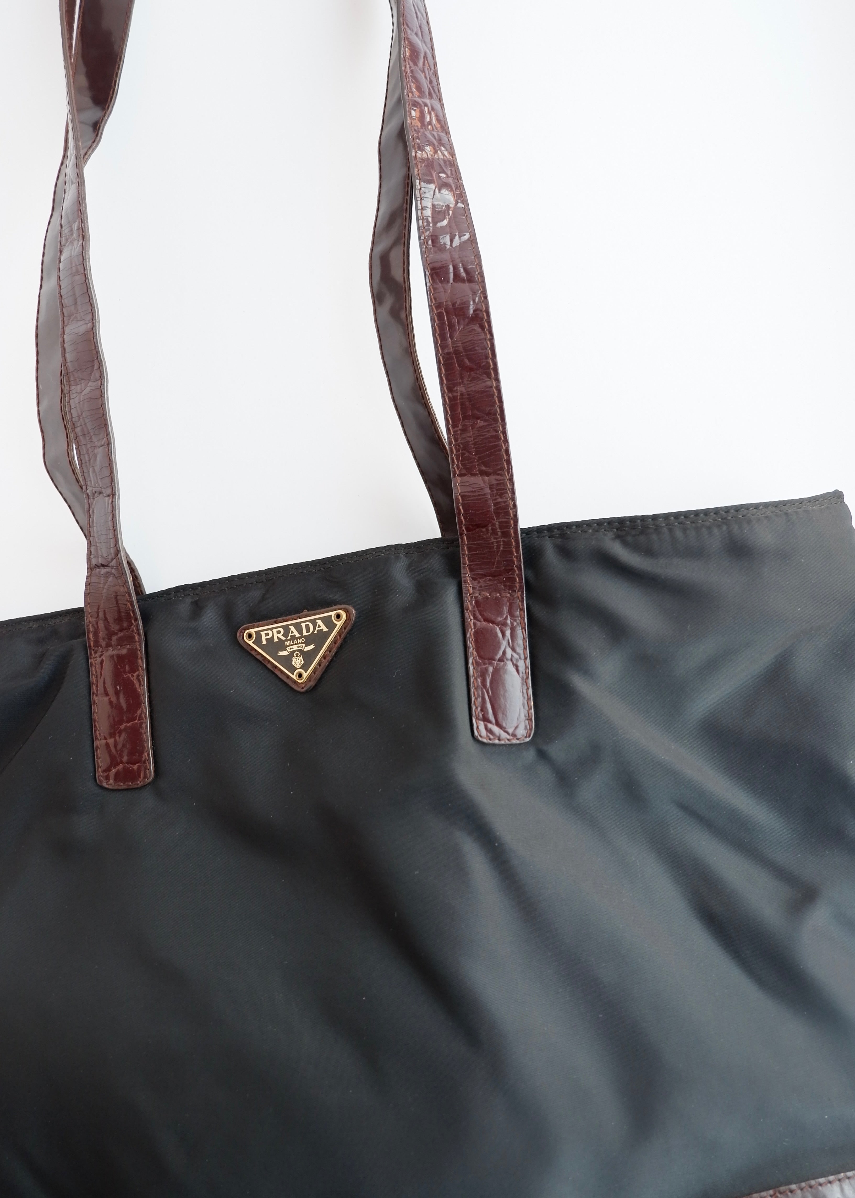 Authentic Preowned Prada Black/ Burgundy Nylon/Patent Leather Long Strap Tote Bag
