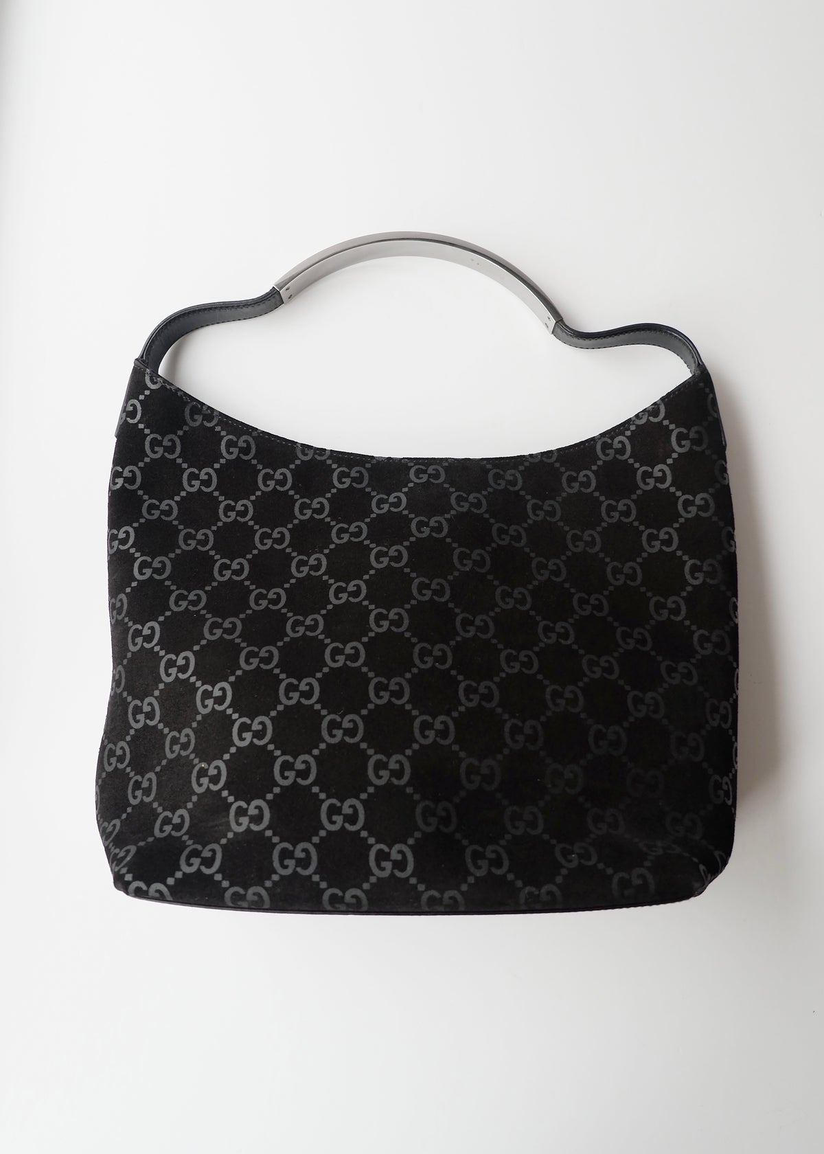 Preowned Gucci Black Suede GG Shoulder Bag