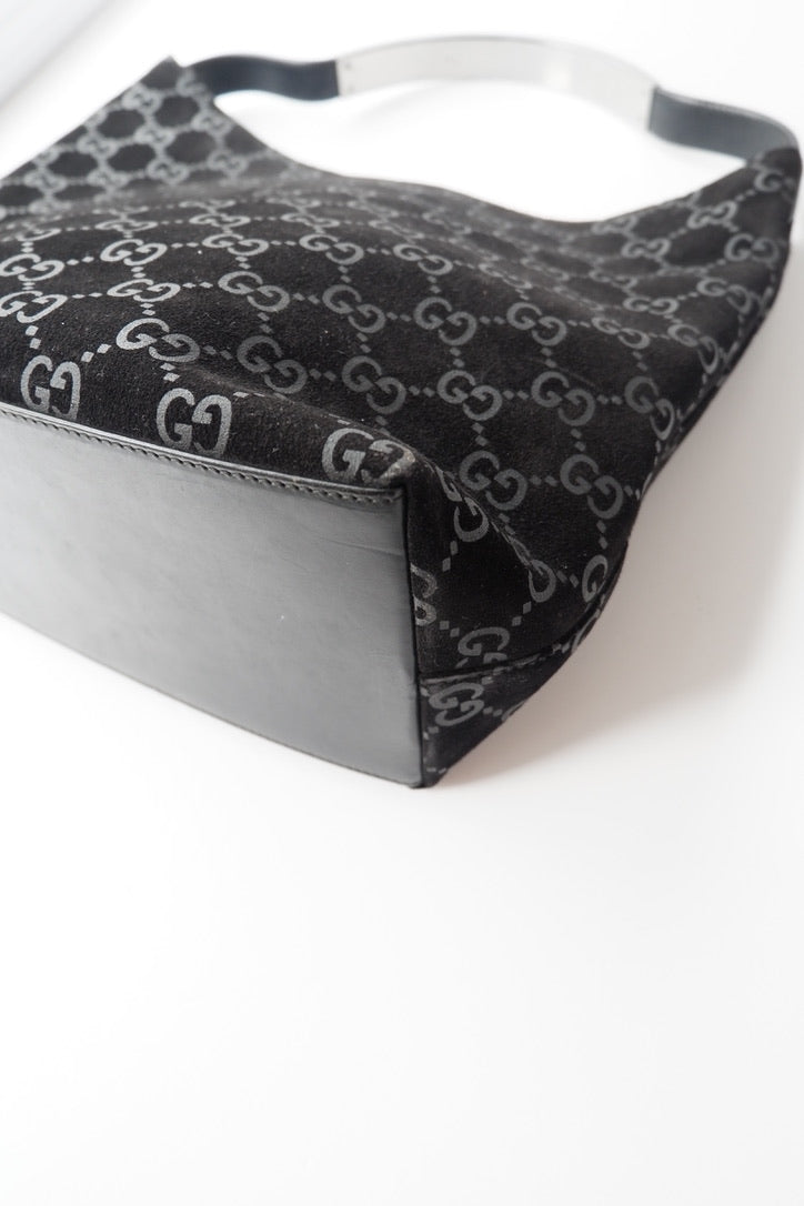 Preowned Gucci Black Suede GG Shoulder Bag
