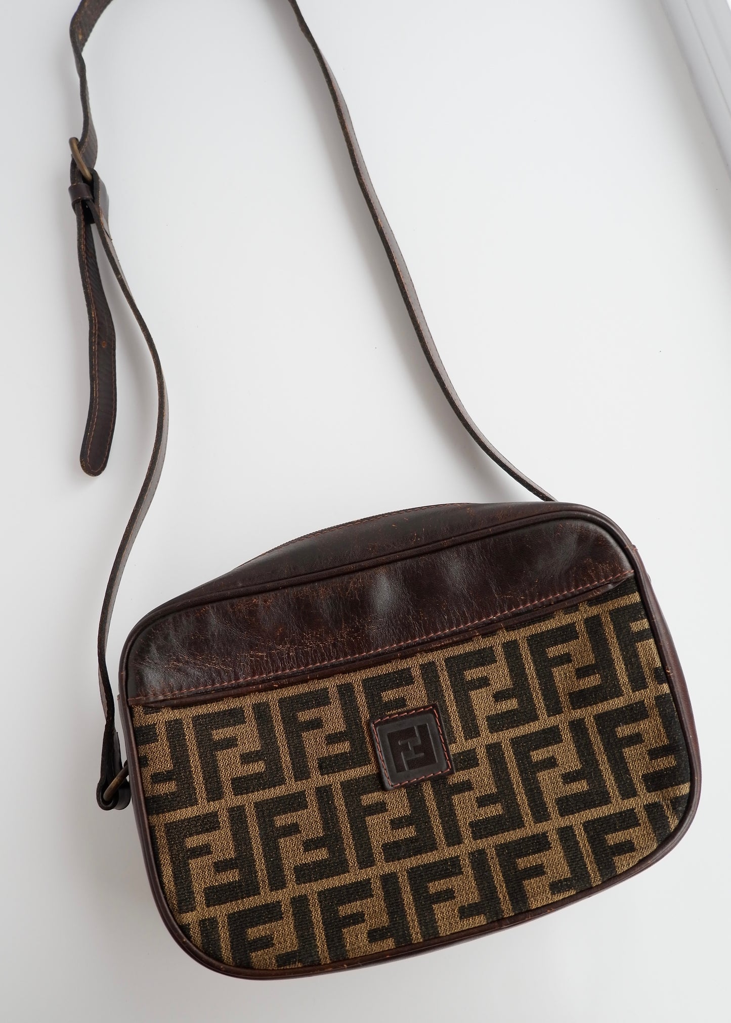 Authentic Preowned Vintage Fendi Brown Zucca Leather/ Canvas Crossbody Bag