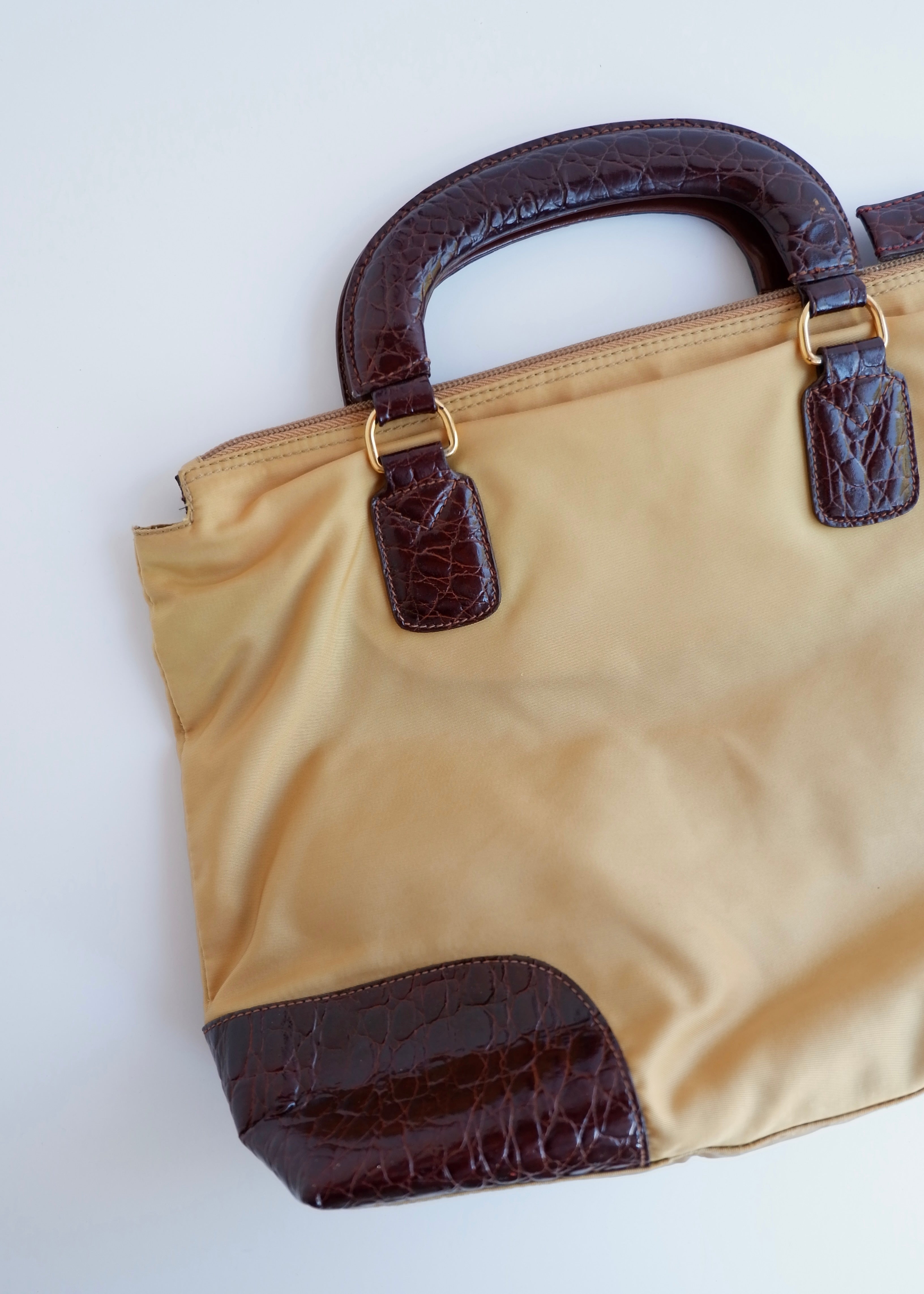 Authentic Preowned Vintage Prada Brown/Khaki Nylon/Patent Leather Handbag