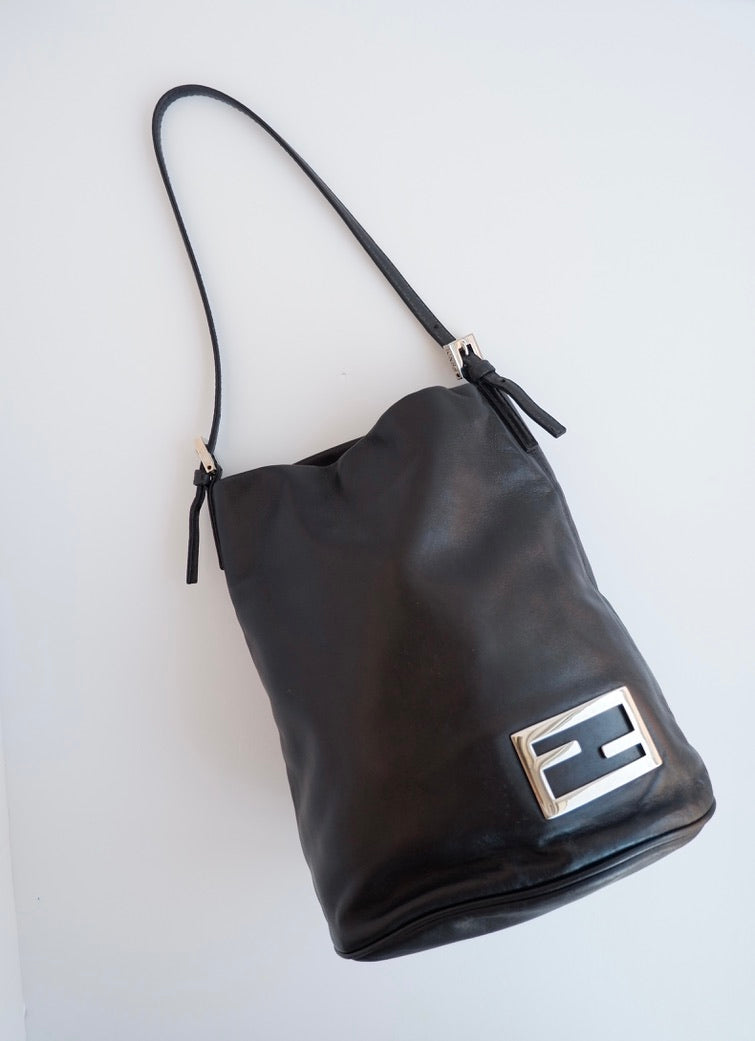 Authentic Preowned Fendi Black Leather FF Logo Bucket Shoulder Bag