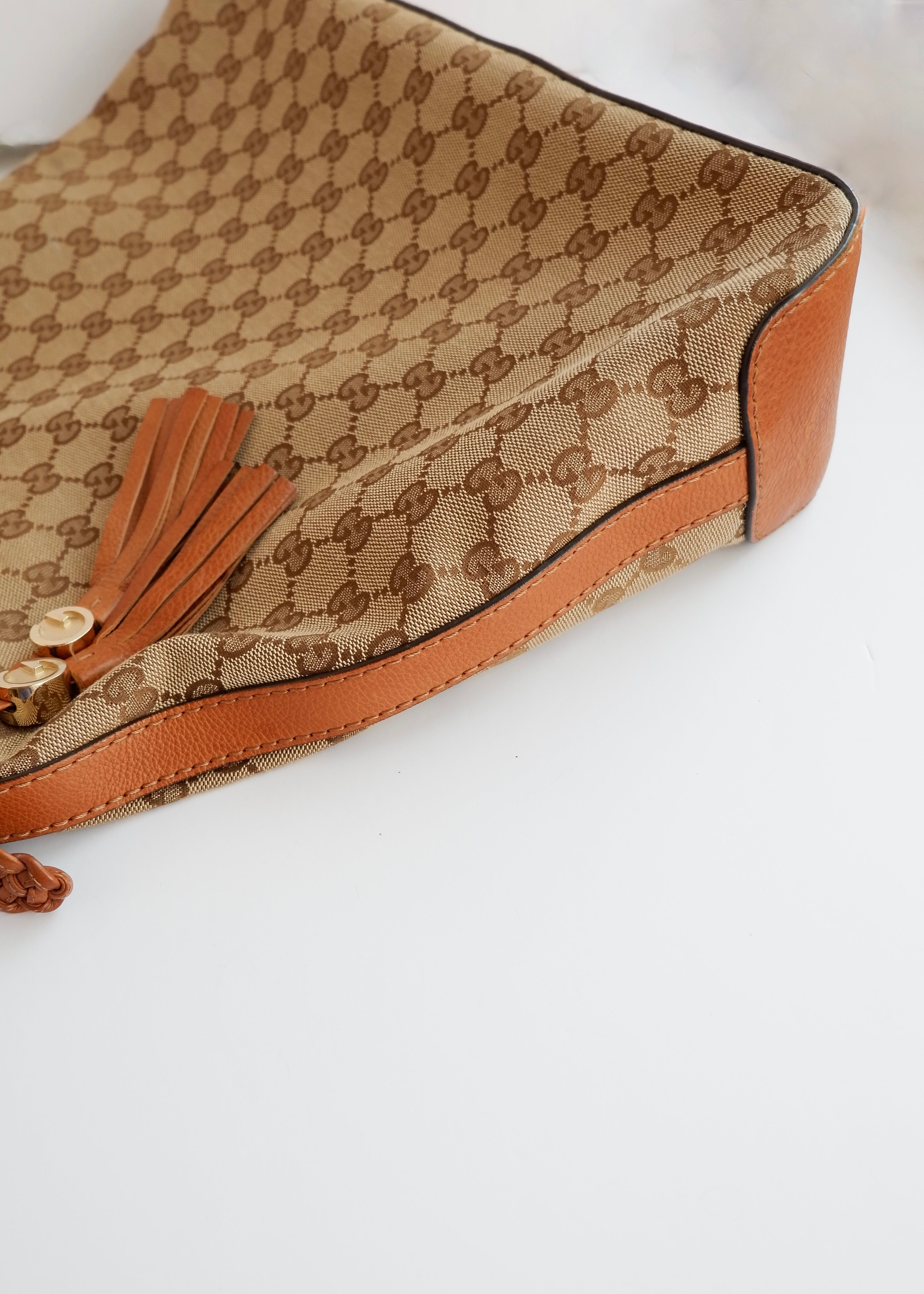 Preowned Gucci Brown GG Canvas Leather Tassel Shoulder Bag