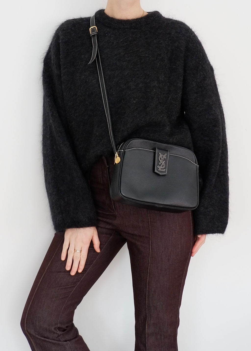 Authentic Preowned Vintage YSL (Yves Saint Laurent) Black Leather Crossbody Bag