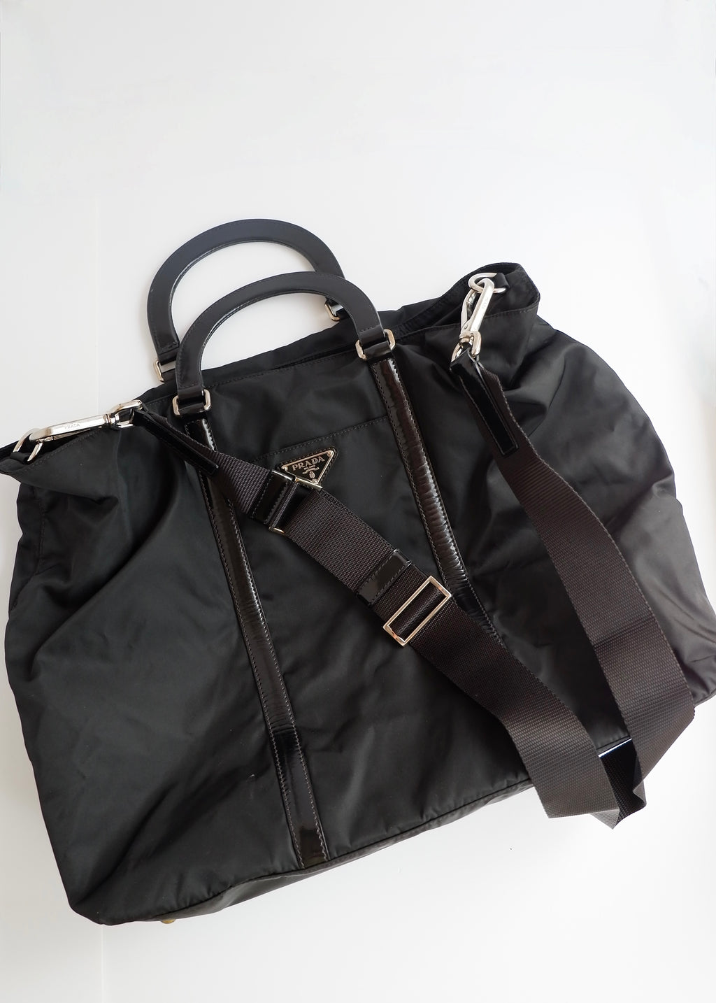 Preowned Prada Black Nylon/Leather Two Way Messenger Tote