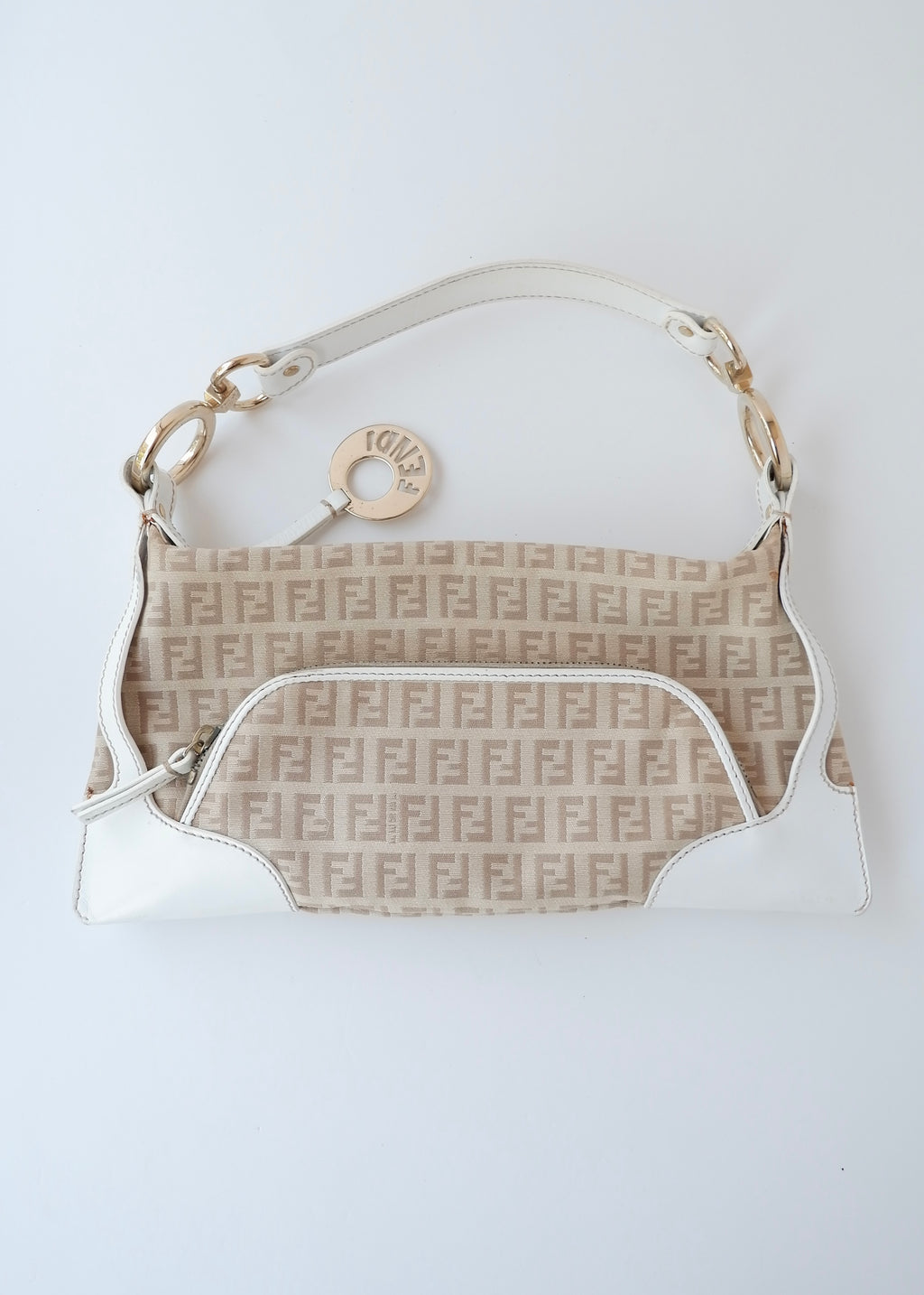 Preowned Vintage Fendi White Leather Beige Canvas Zucchino Shoulder Bag