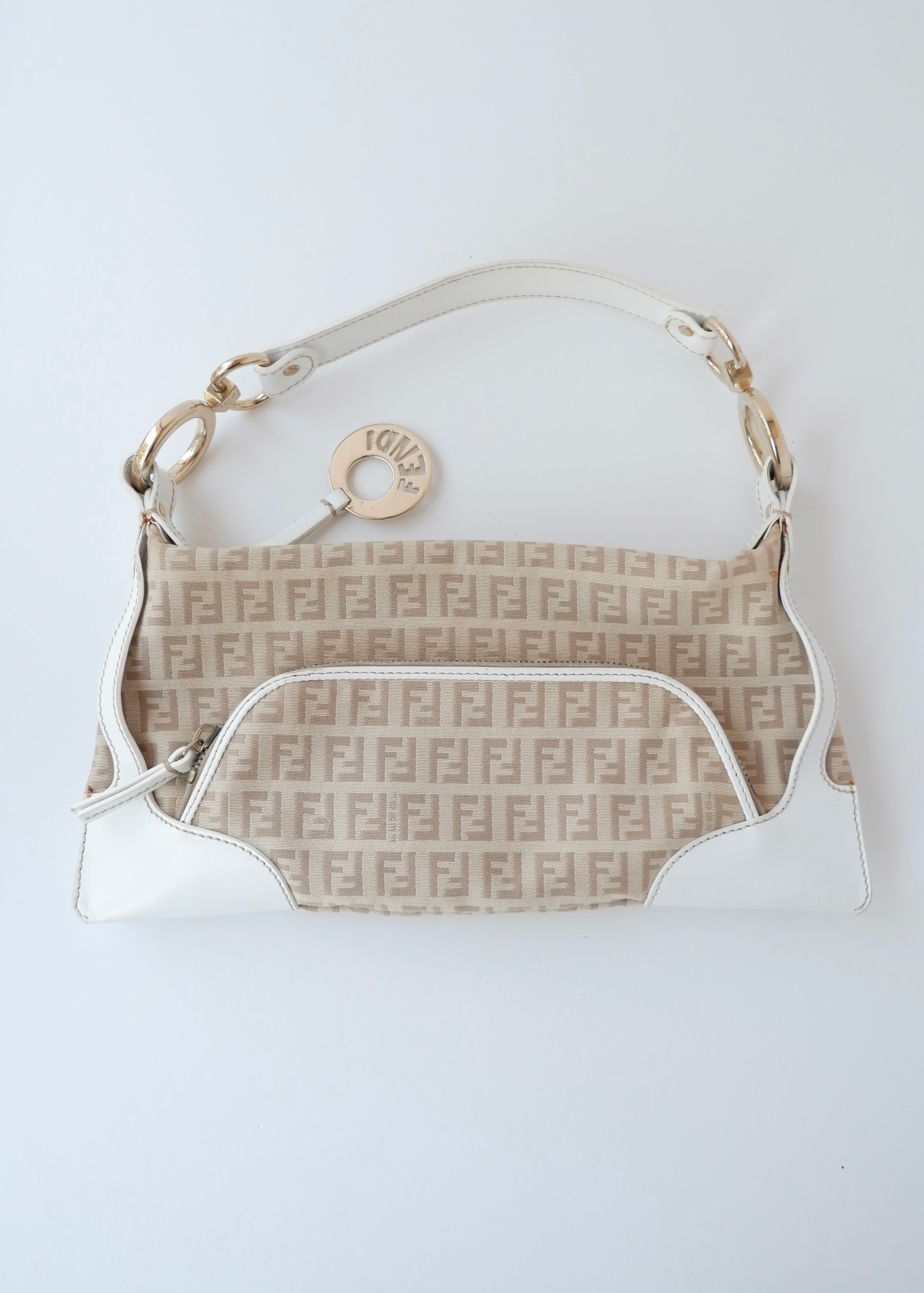 Preowned Vintage Fendi White Leather Beige Canvas Zucchino Shoulder Bag