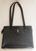 Preowned Vintage YSL Black Leather Embossed Printed Tote Bag