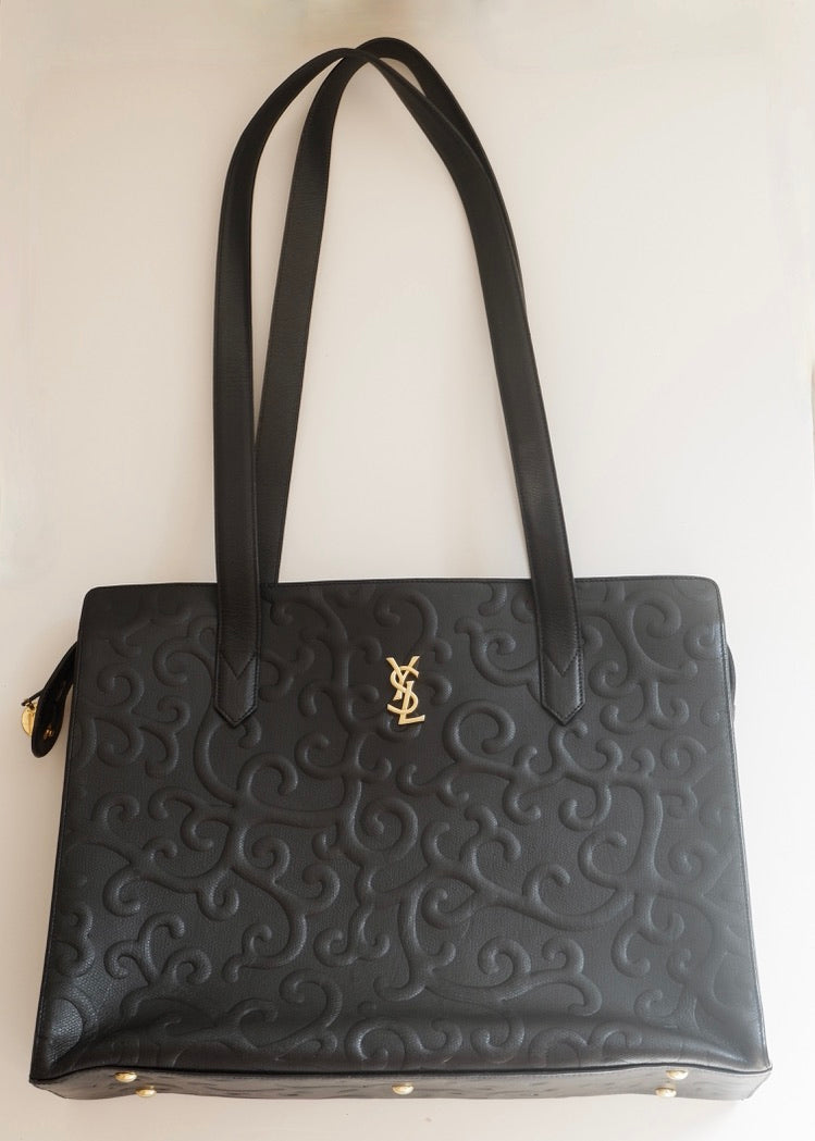 Preowned Vintage YSL Black Leather Embossed Printed Tote Bag