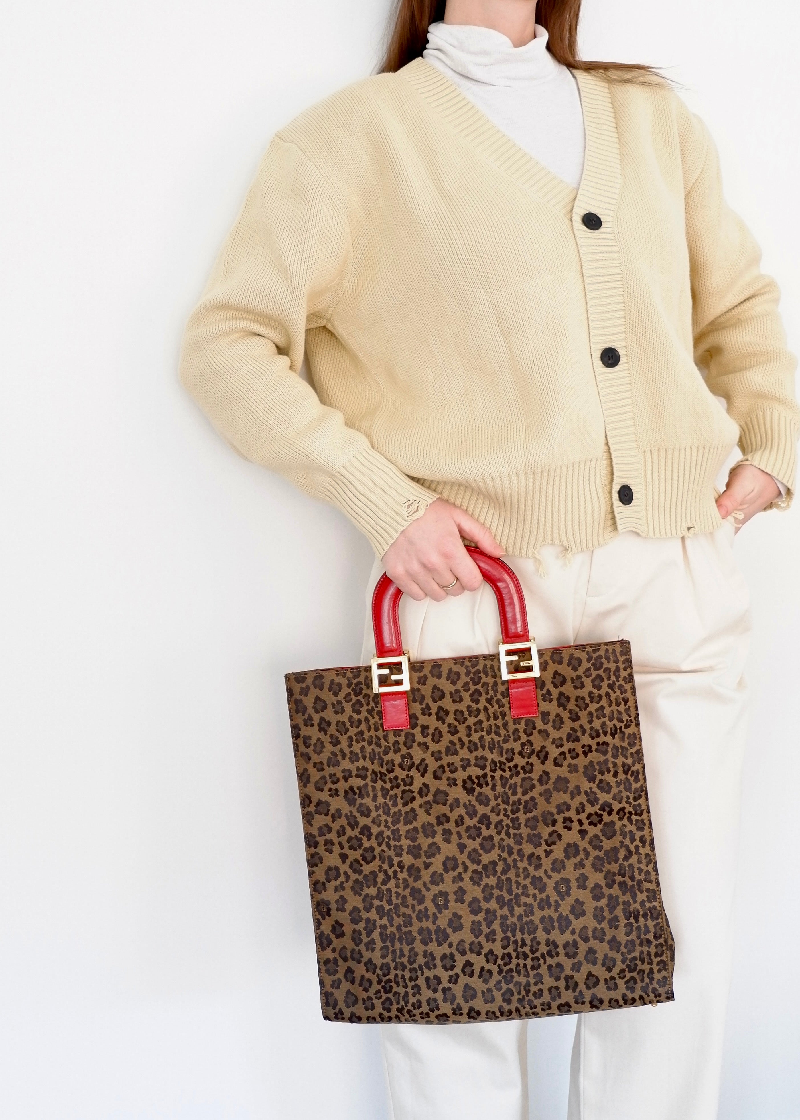 Authentique sac cabas Fendi vintage d'occasion en toile/cuir imprimé animal avec poignée supérieure