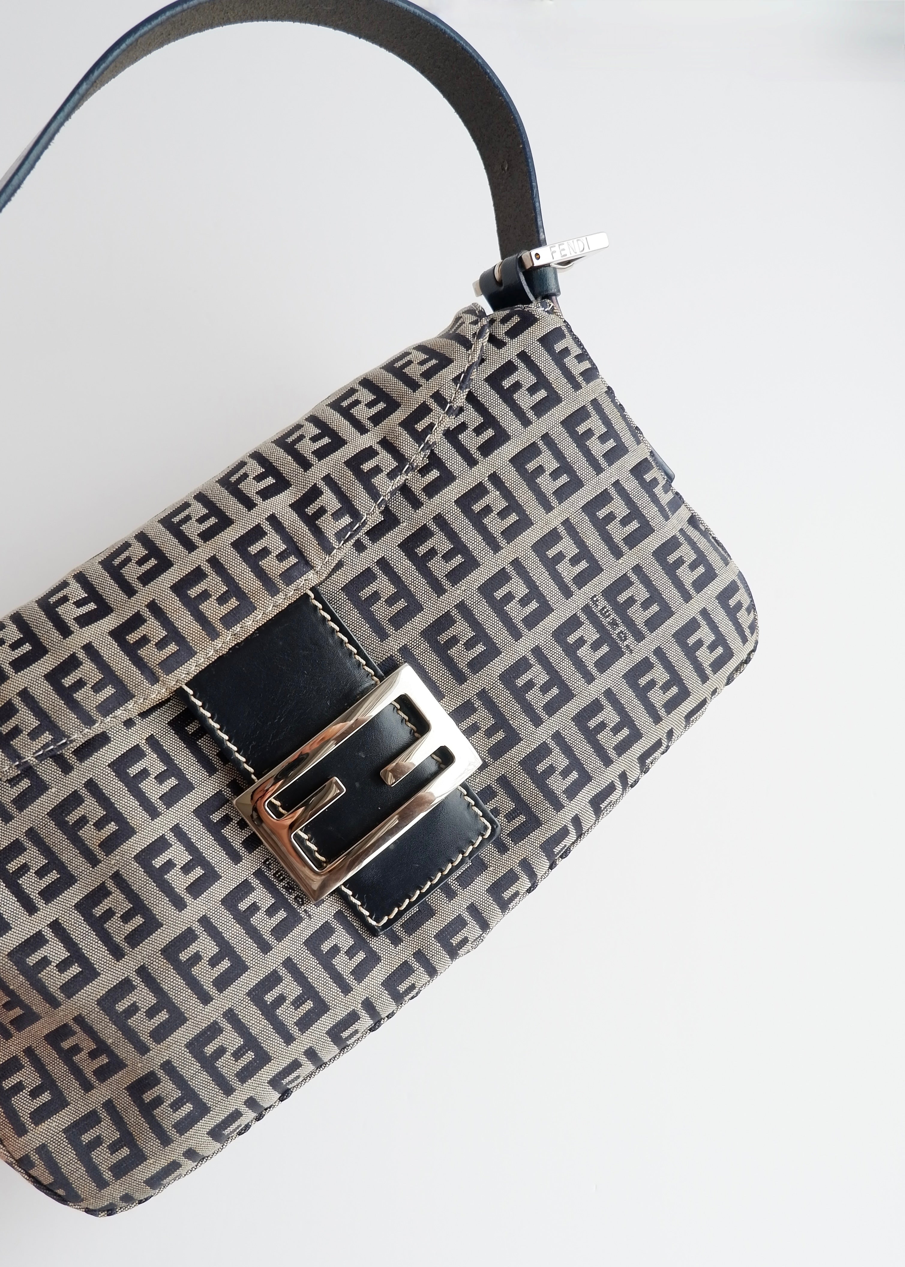 Authentic Preowned Fendi Navy Zucchino Baguette Shoulder
