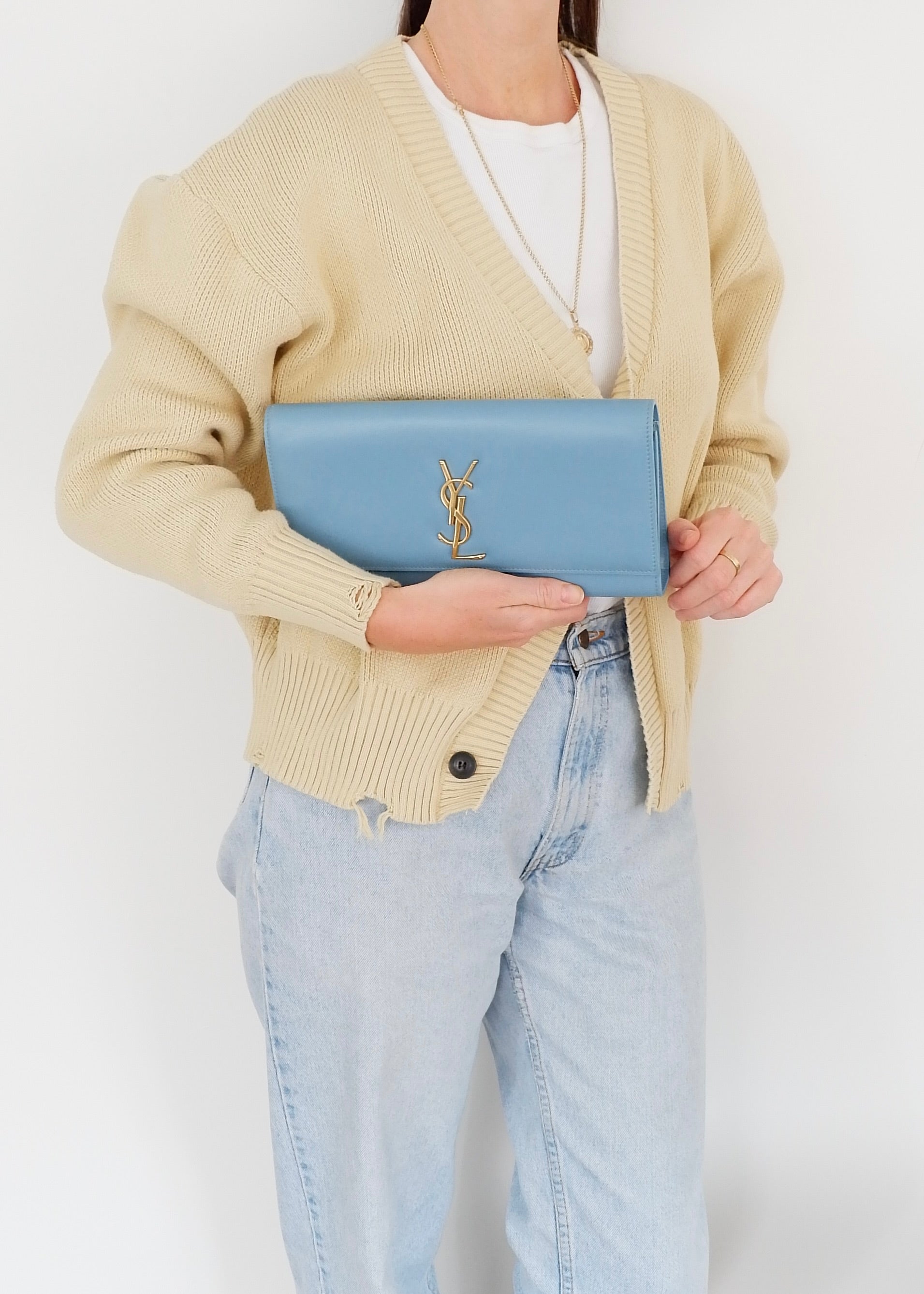 Authentic Preowned Saint Laurent Blue Leather YSL Logo Long Clutch Bag