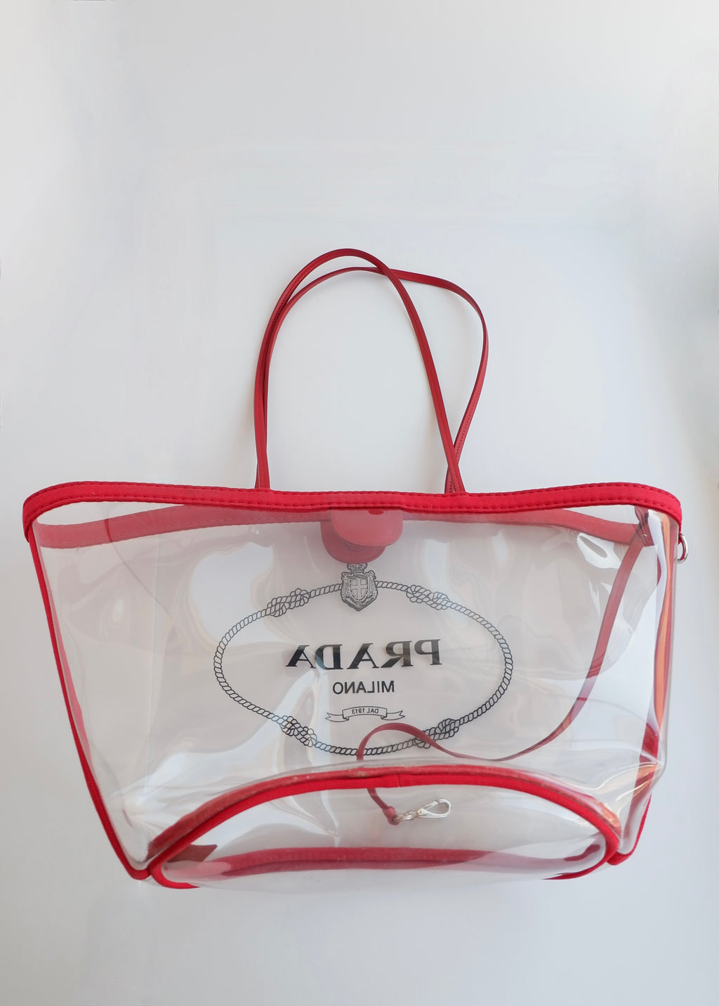 Authentic Preowned Prada Red Canvas/ Transparent Tote Bag