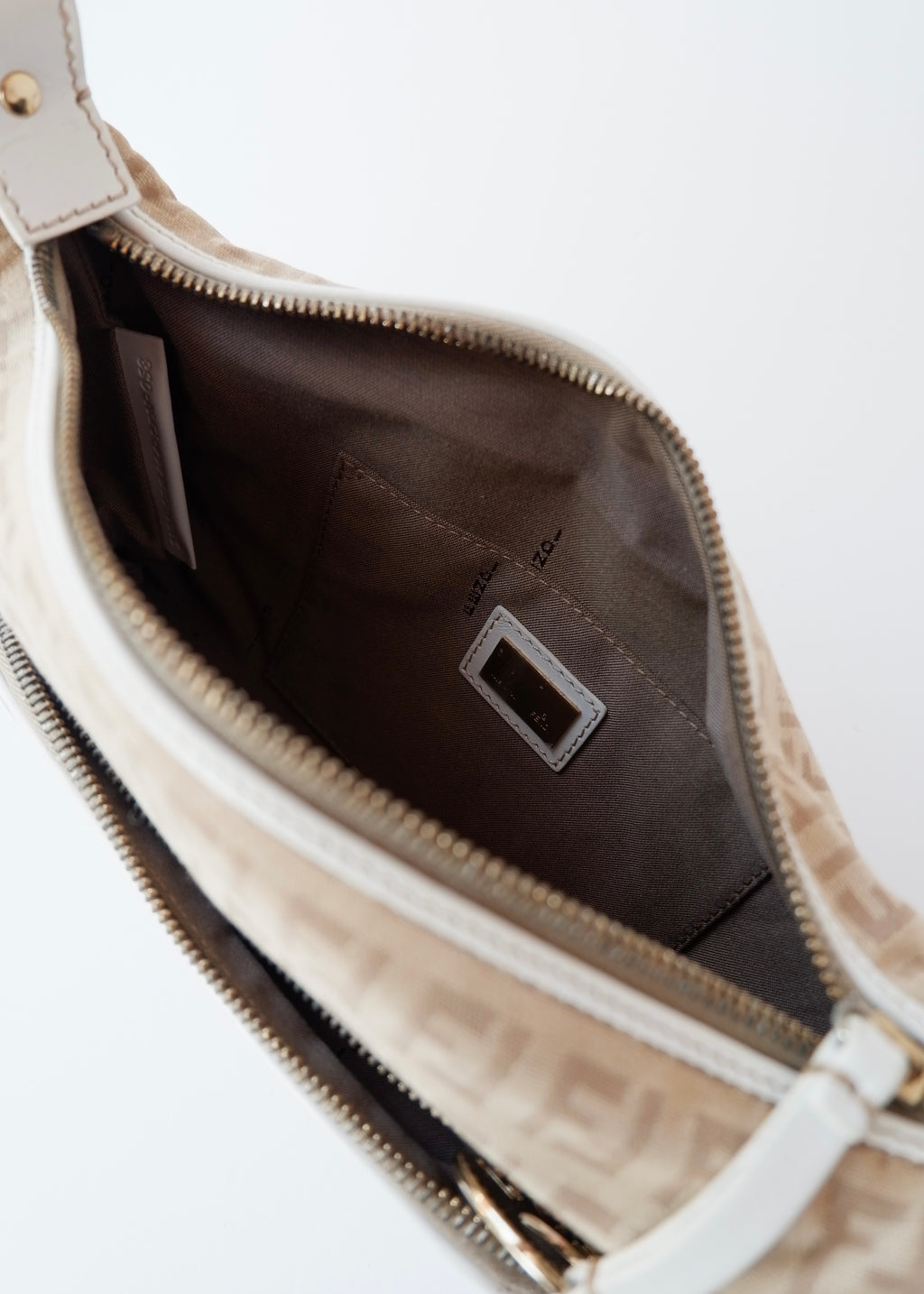 Preowned Vintage Fendi White Leather Beige Canvas Zucchino Shoulder Bag