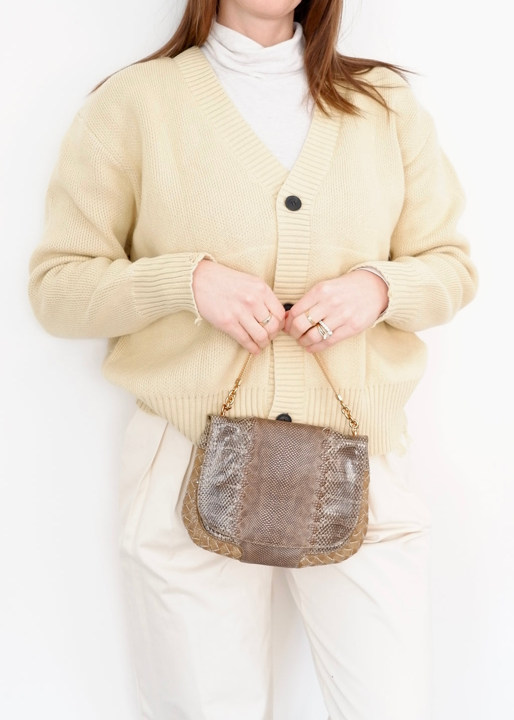 Sac à main en cuir embossé marron/beige Bottega Veneta d'occasion authentique
