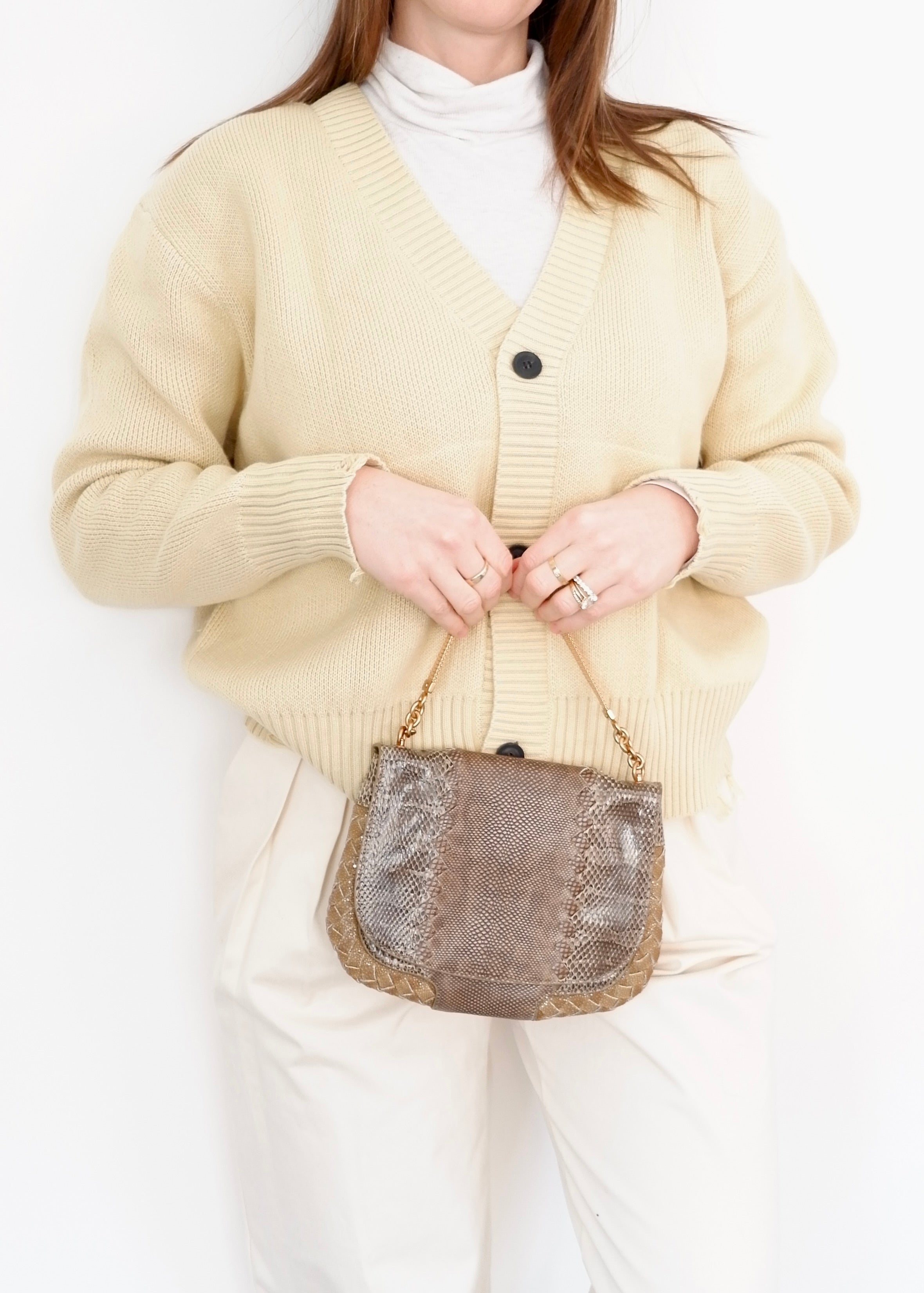 Sac à main en cuir embossé marron/beige Bottega Veneta d'occasion authentique