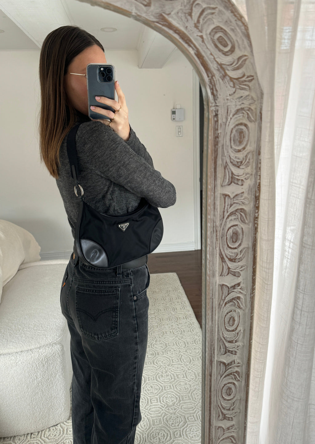 Sac Bandoulière Hobo Prada en Nylon Noir Authentique d'Occasion